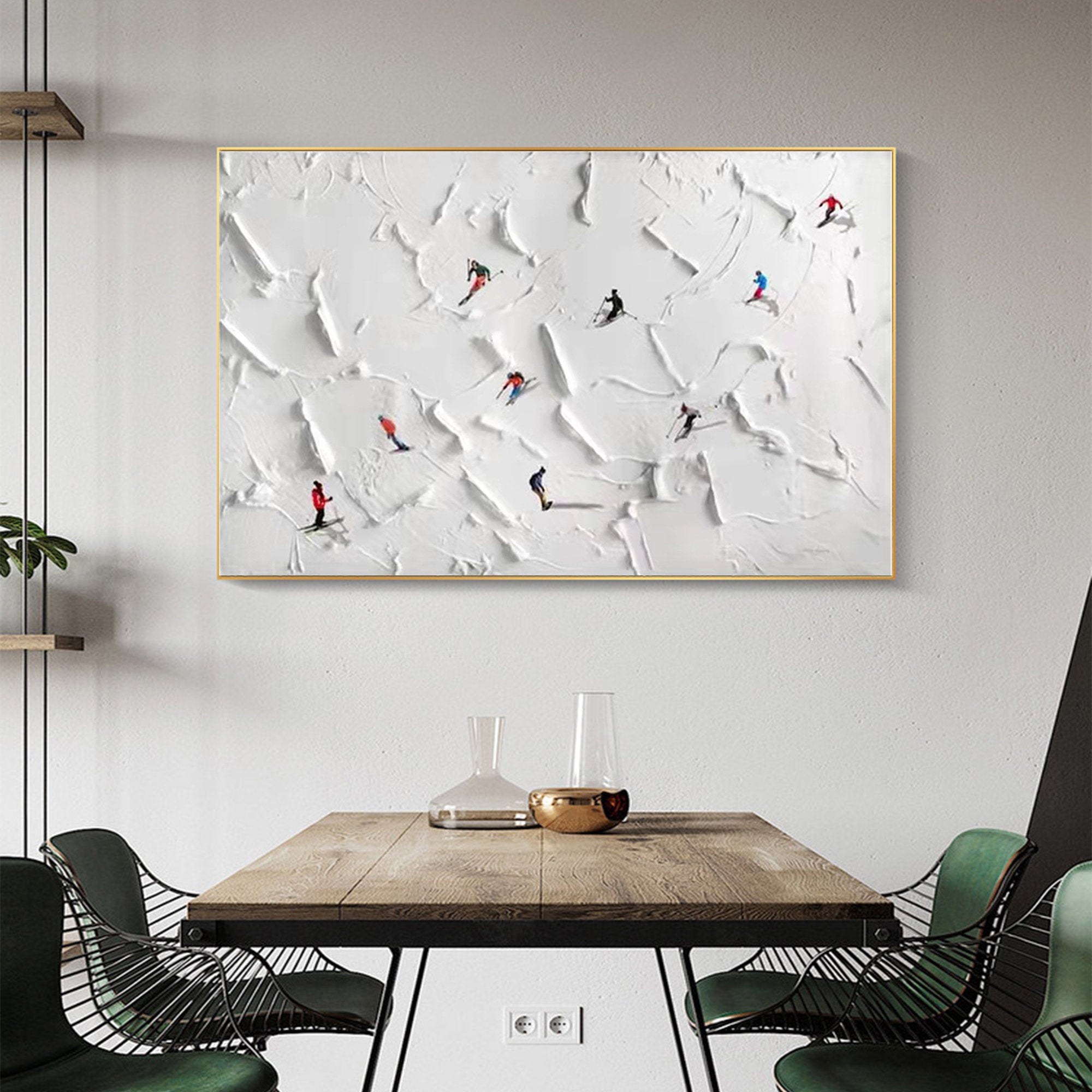Alps Glide – Hand-Painted Minimalist Skiing Winter Athlete 3D Plaster Effect Sport Painting | Contemporary Sport Home Office & Living Room Art