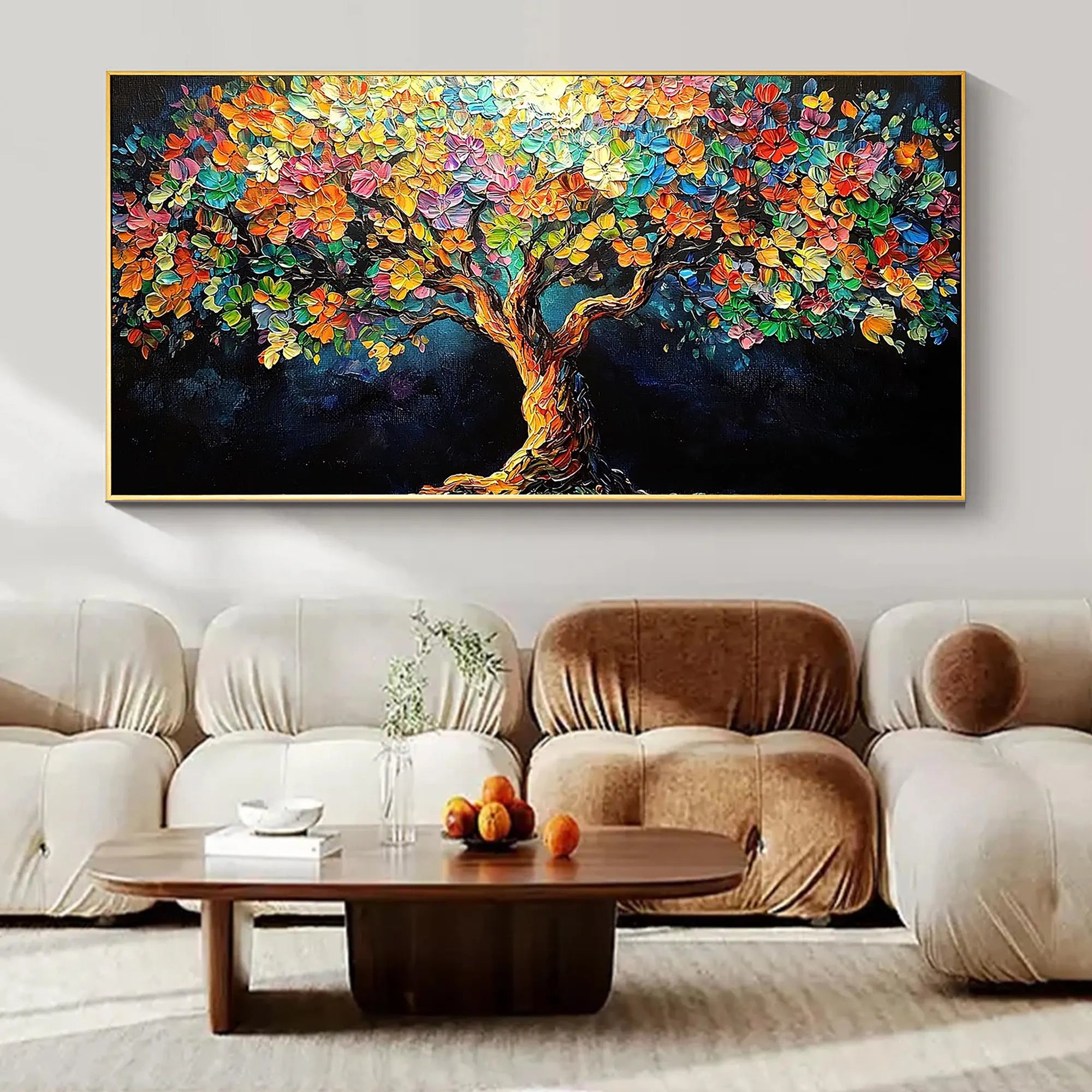 PRISMATIC LIFE: Flower-Tree Art, Hand-Painted Horizontal Vibrant Multicolored 3D Impasto Palette Knife Heavy Texture Studio Art