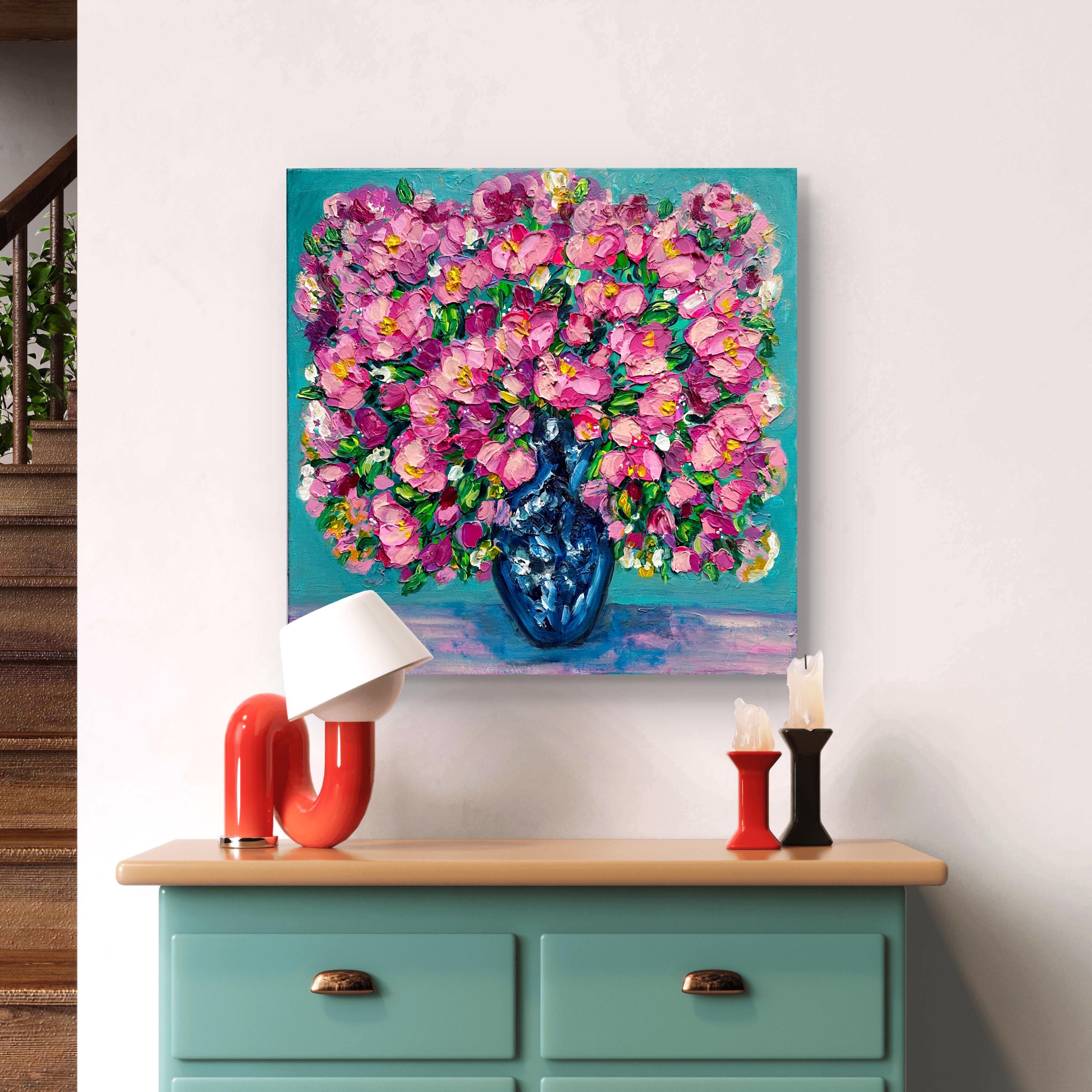 ROYAL BOUQUET: Square 3D Heavy Texture Floral Wall Art, Pink Peony Relief in Teal Vase