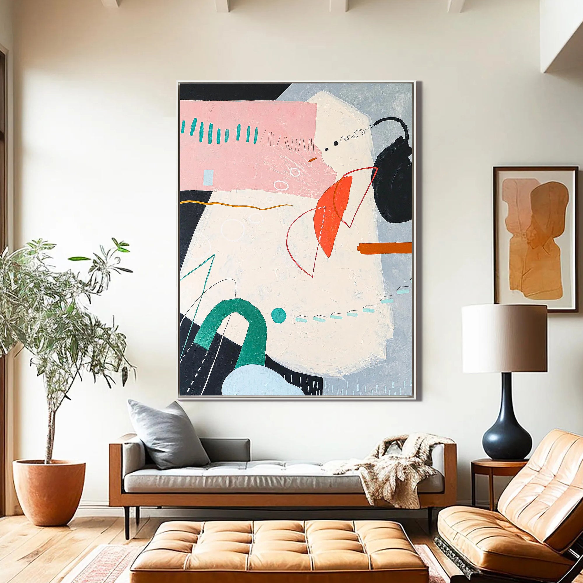 Pastel Geometric – Hand-Painted Soft Pink and Teal Geometric Shapes Abstract Painting | Modern Abstract Living Room & Office Art