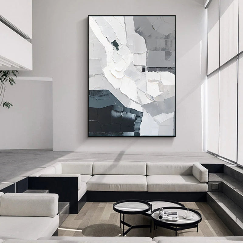 MONO STRATA: Minimalist Wall Art, Hand-Painted Modern Abstract Black White Grey Block Textured Gallery Art