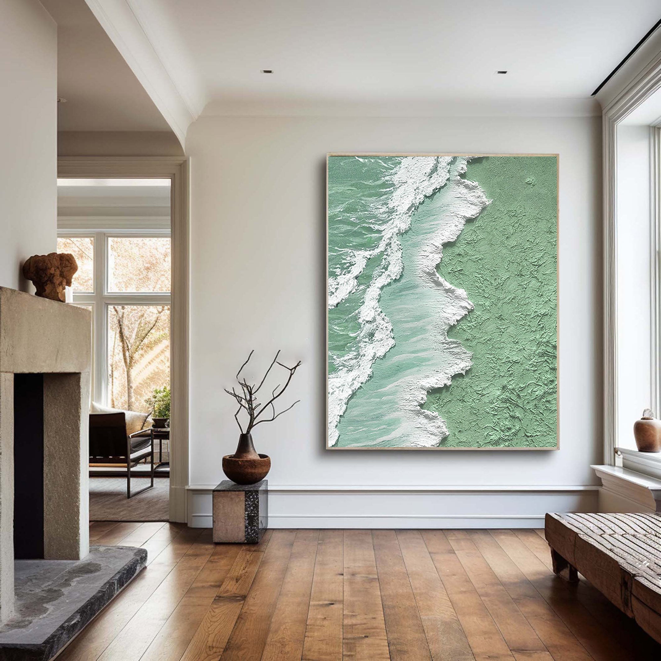 Oxygen Shore – Modern Textured Painting | Creative Wabi-Sabi Mint Green Sea Wave Entryway Art