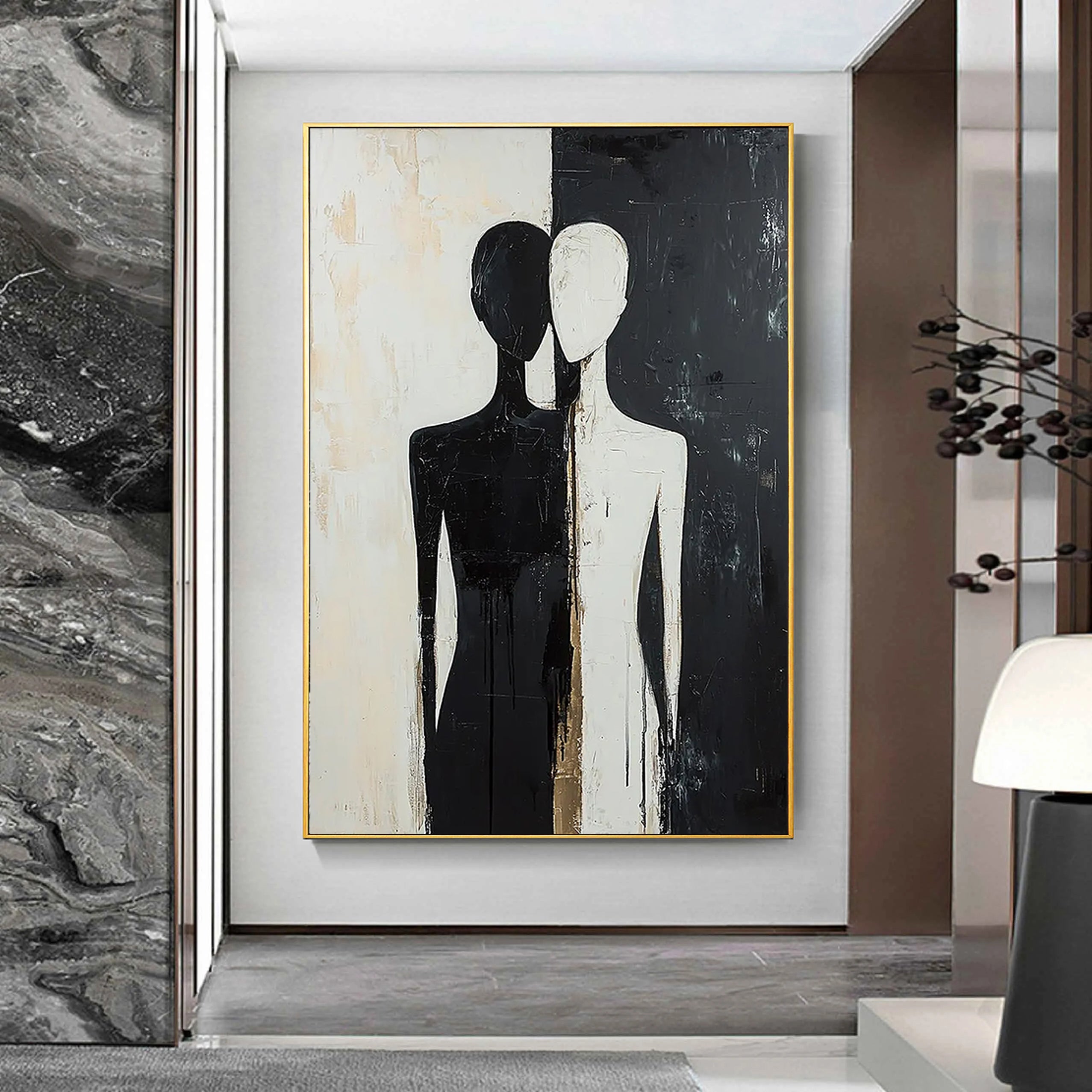 Dual Souls – Minimalist Black & White Abstract Figures Art | Modern Luxury Living Room Art