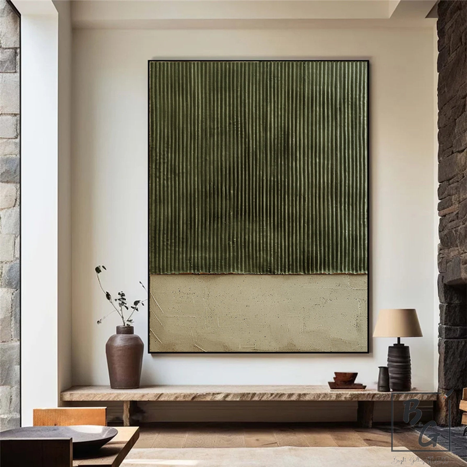 Vertical Zen – Hand-Painted Olive Green Fluted Texture Plaster Effect Abstract Wabi-Sabi Painting | Japandi Wabi-Sabi Living Room & Bedroom Art