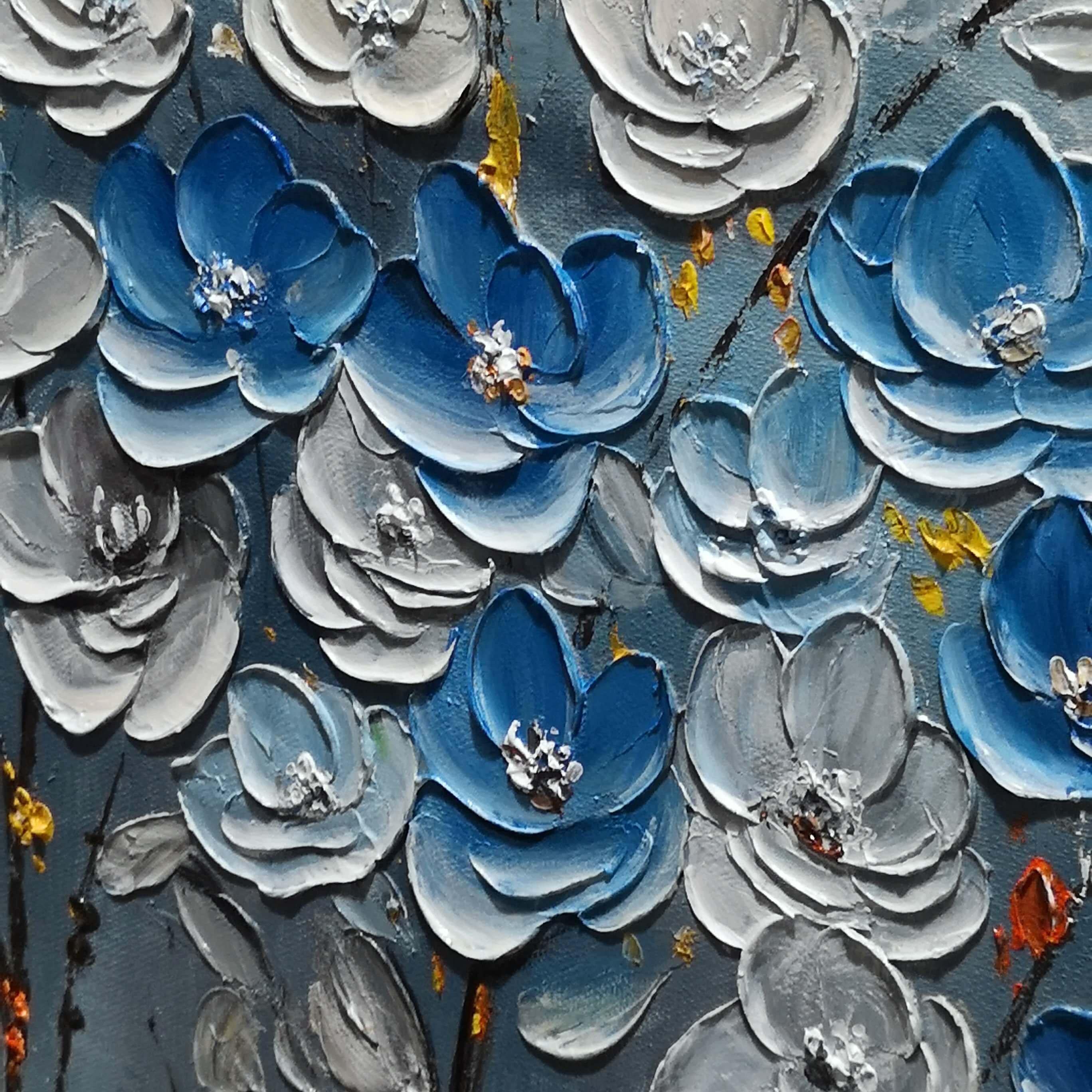 Cerulean Bloom – Hand-Painted Blue and White 3D Textured Palette Knife Floral Painting | Contemporary Botanical Bedroom & Living Room Art