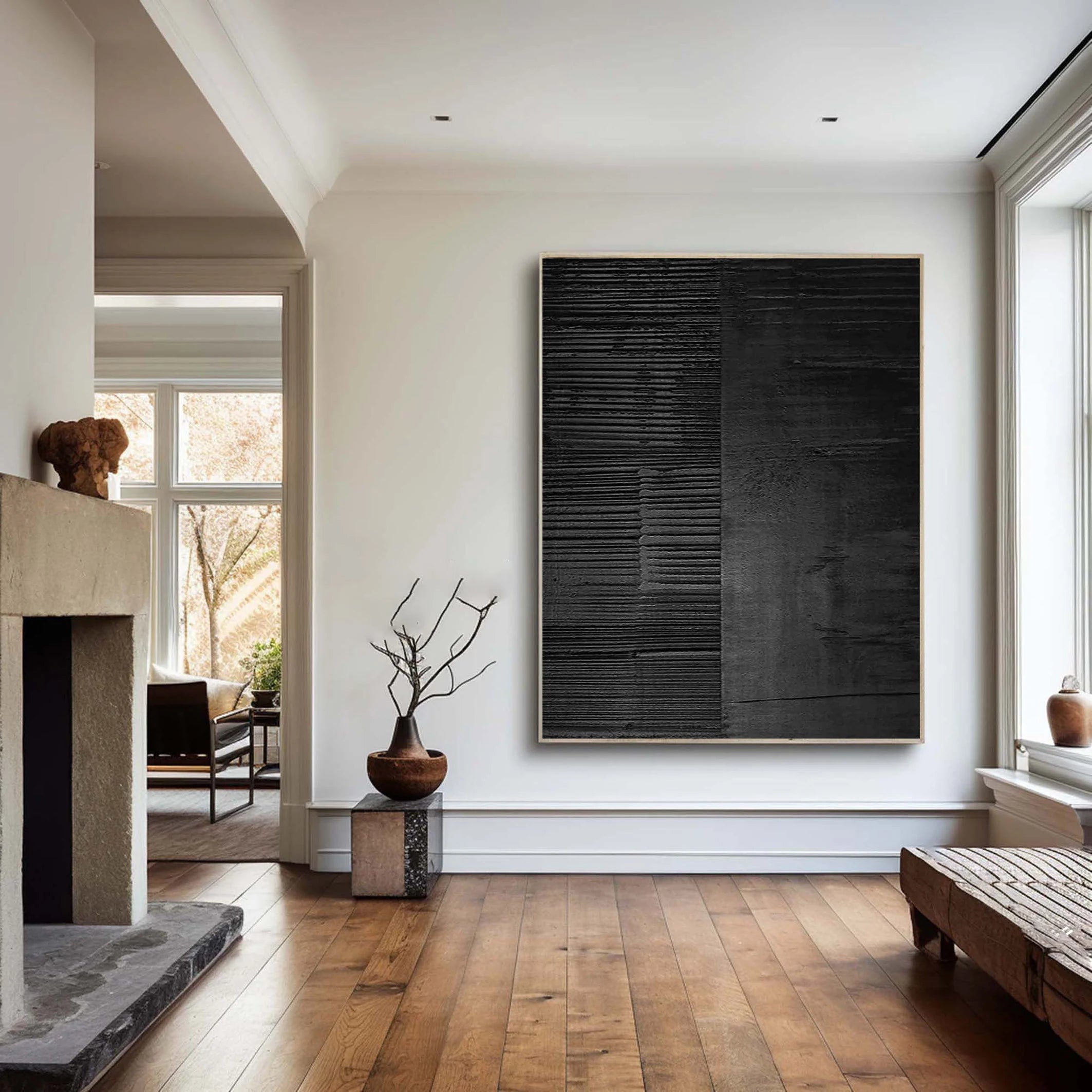 Carbon Grid – Hand-Painted Pure Black Plaster Effect Industrial Line Relief Wabi-Sabi Painting | Japandi Wabi-Sabi Living Room & Bedroom Art
