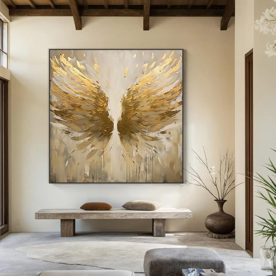 Seraphim Wings – Modern Luxury Gold Impasto Abstract Painting | High-End Textured Hallway Art