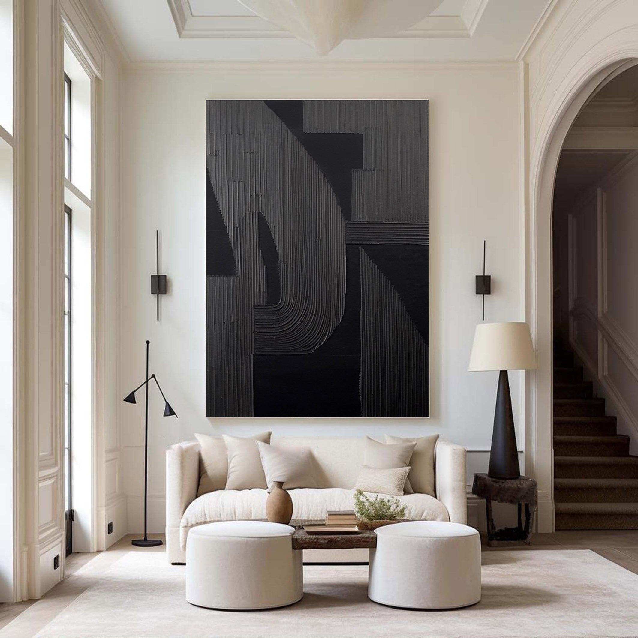 Shadow Arch – Hand-Painted Matte Black Fluted Texture 3D Relief Wabi-Sabi Painting | Japandi Wabi-Sabi Living Room & Bedroom Art