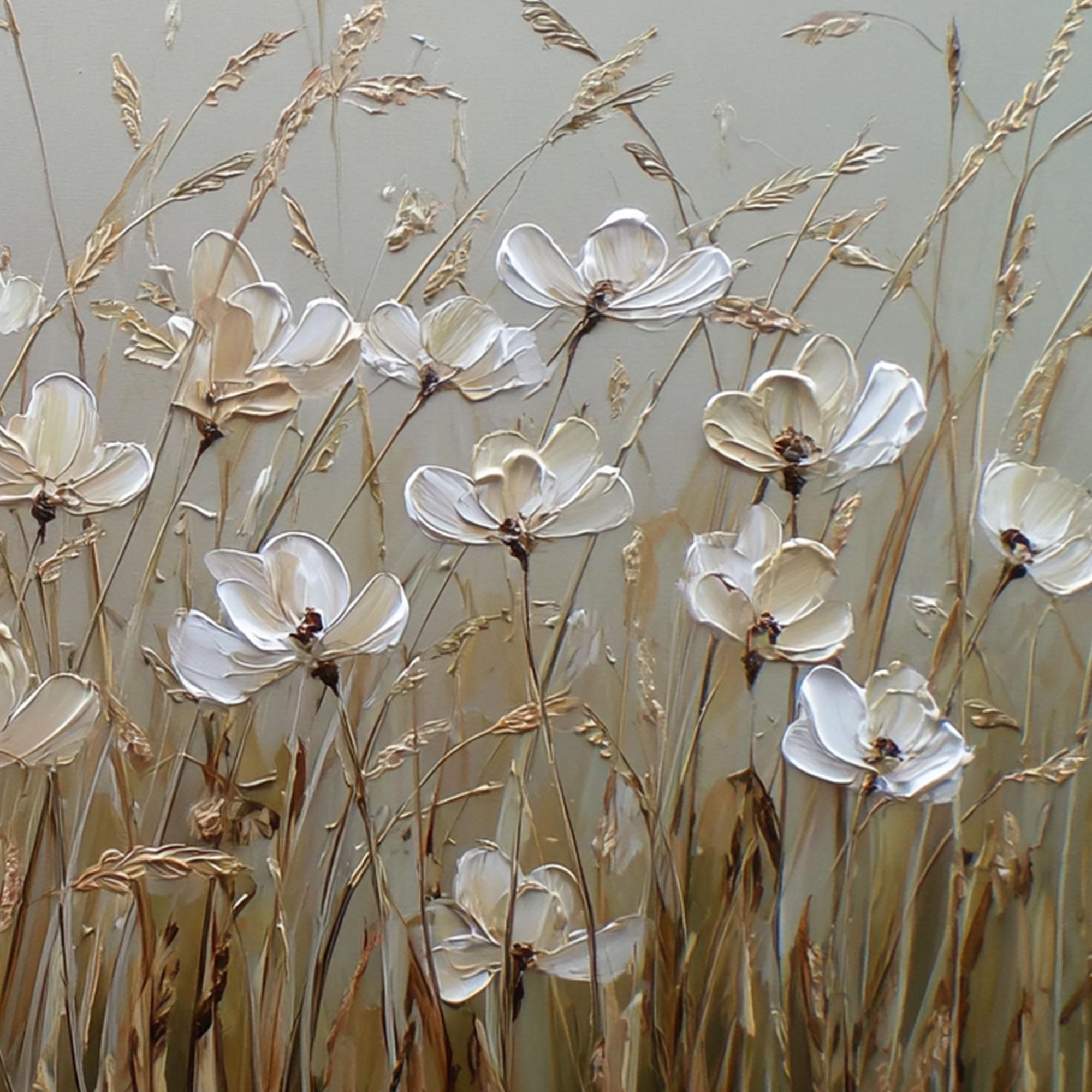 Autumn Whispers – Wabi-Sabi White Floral Earth Tone Impasto Canvas | Minimalist Living Room Wall Art