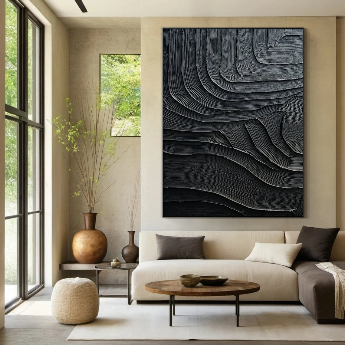 Obsidian Strata – Hand-Painted All-Black Organic Wave Plaster Effect Texture Painting | Modern Industrial Plaster Home Office & Living Room Art