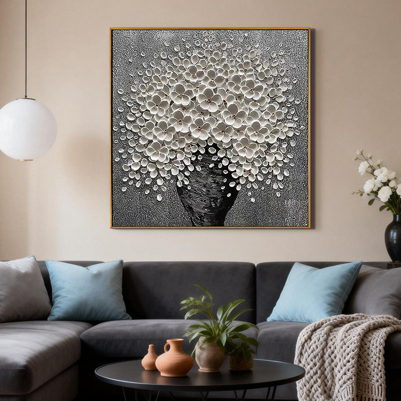 STELLAR BLOOM: Modern Square 3D Heavy Texture Floral Wall Art, White Petal Relief on Silver Plaster