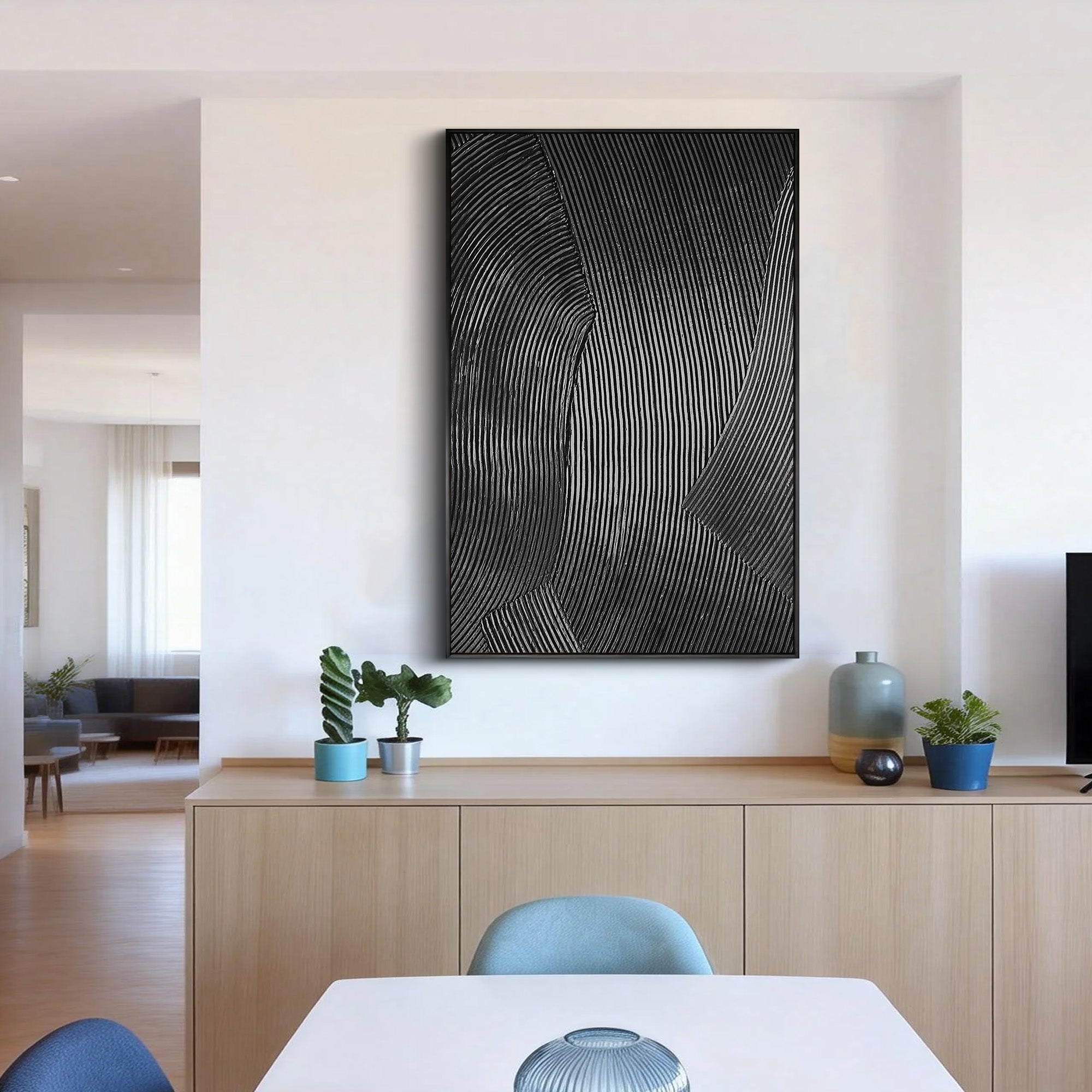 GRAVITY LINE: Texture Wall Art, Hand-Painted Black Linear Plaster Relief 3D Heavy Texture Canvas Art