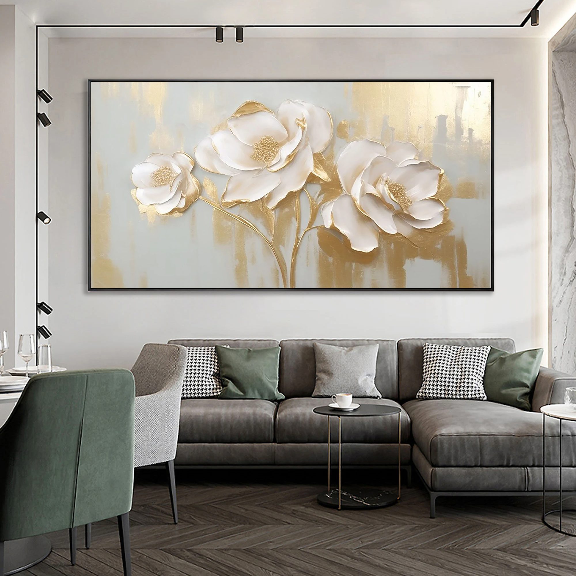 Golden Elegance – Hand-Painted Light Grey and Gold Foil 3D Relief Plaster Effect Floral Painting | Modern Luxury Botanical Bedroom & Living Room Art