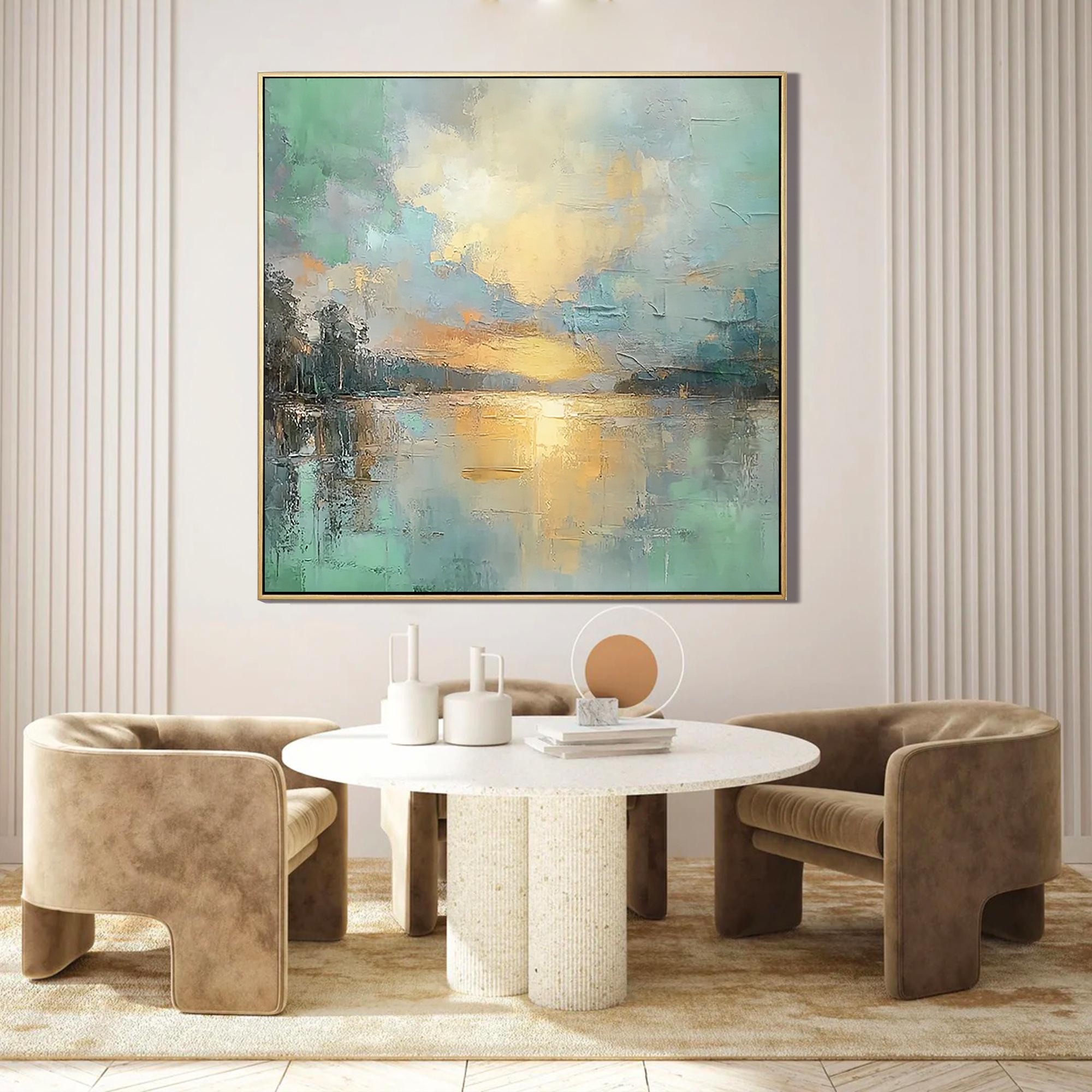 Golden Serenity – Modern Impressionist Landscape Painting | Creative Sunset Lake Hallway Art