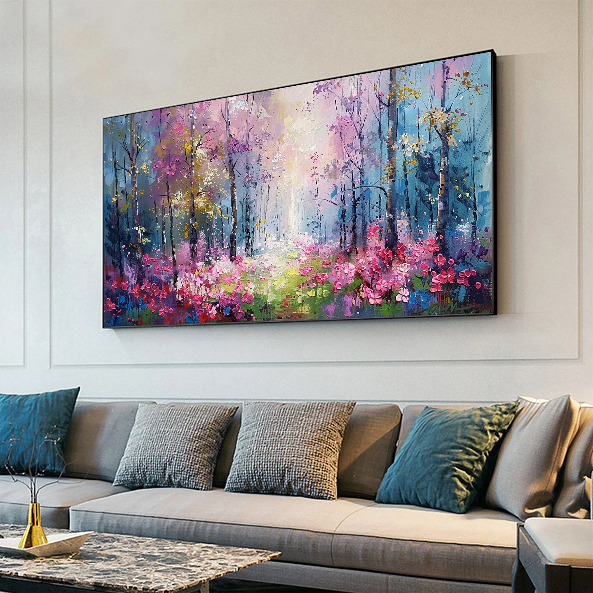 Enchanted Grove – Hand-Painted Purple and Pink Mystic Forest Landscape Painting | Contemporary Landscape Living Room & Dining Room Art