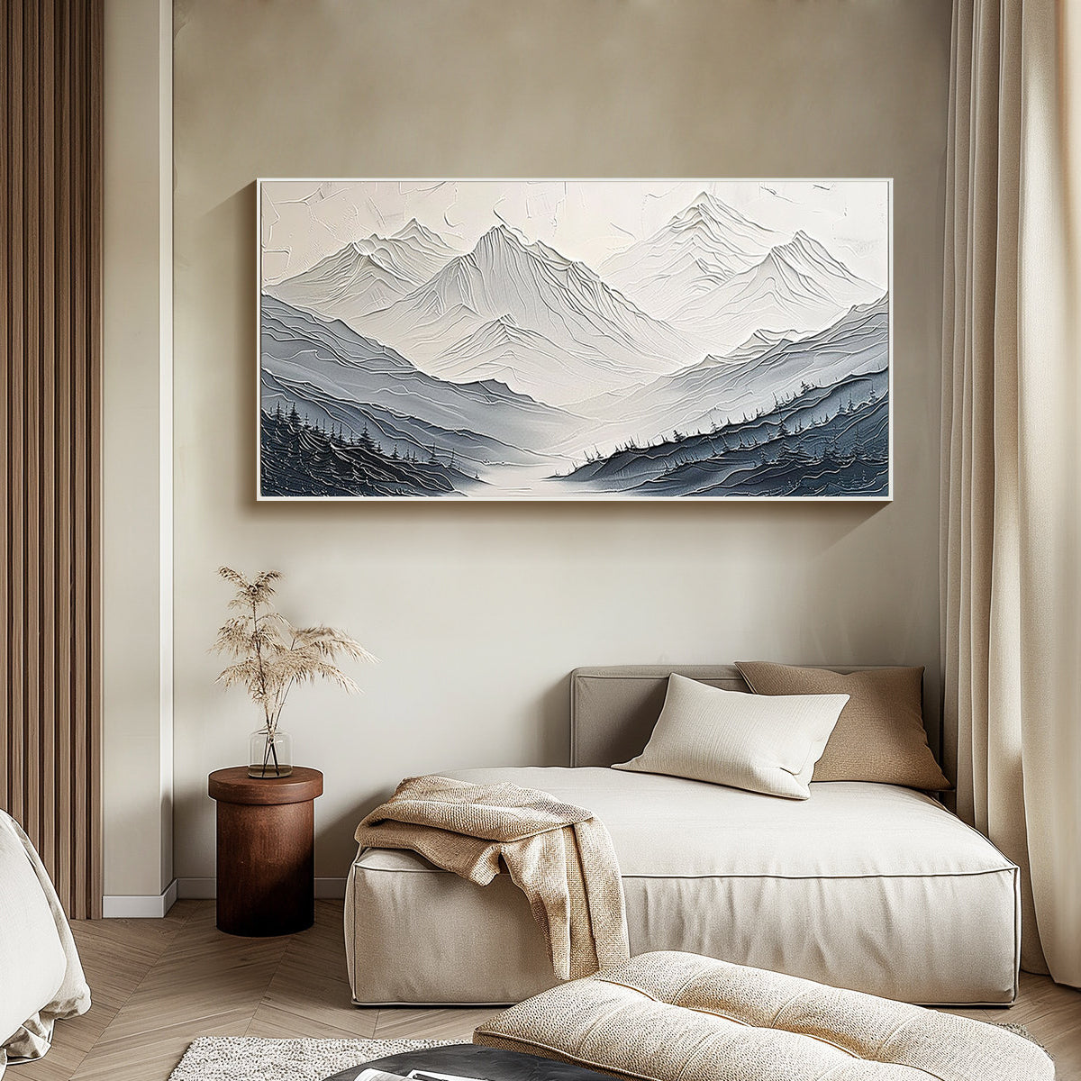 MISTY RANGE: Mountain Wall Art, Hand-Painted Grey Ridge Forest Landscape Impasto Textured Oil Painting