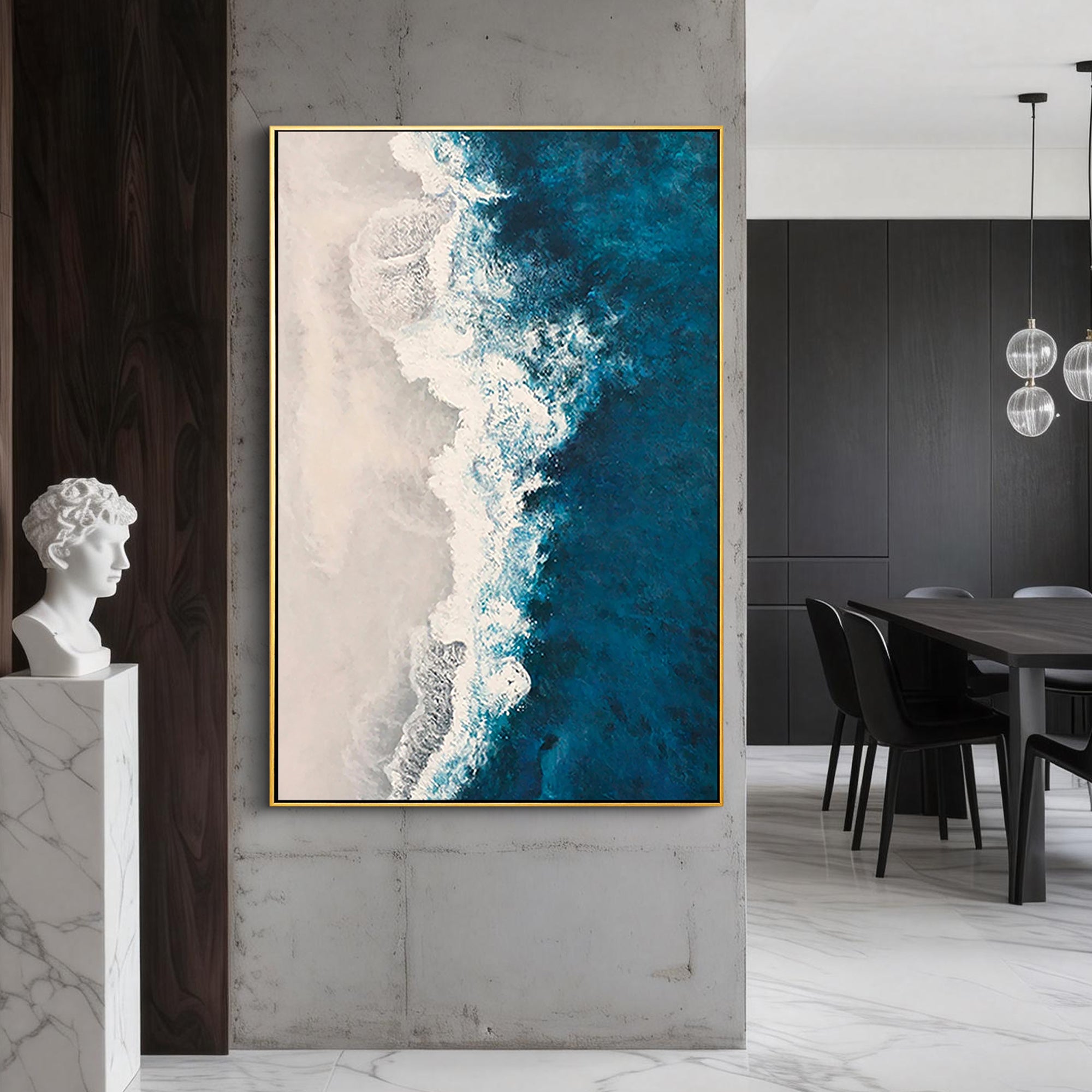 Ocean Surge – Hand-Painted Deep Navy Blue Sea Foam Aerial View Nature Painting | Coastal Modern Living Room & Bedroom Art