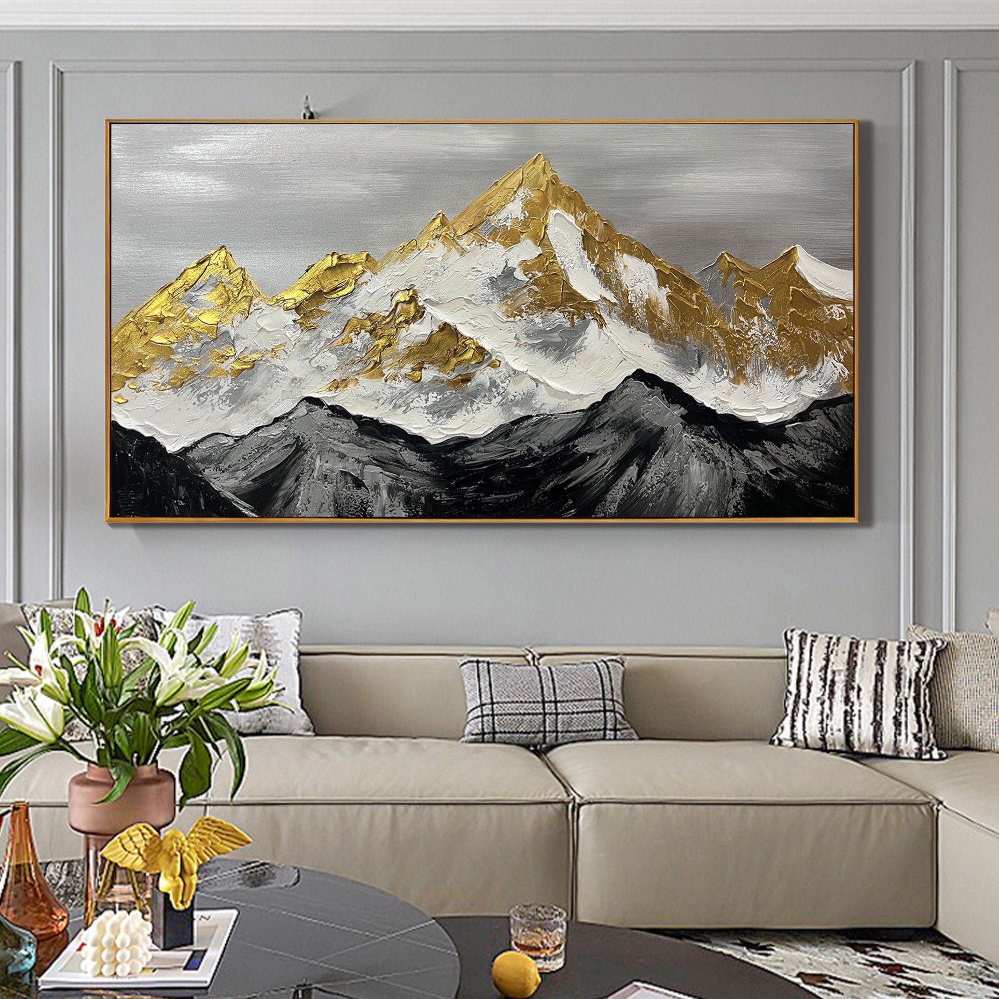 GOLDEN PEAK: Mountain Wall Art, 3D Heavy Texture Gold Leaf Snow Mountain Hand-Painted Oil Painting