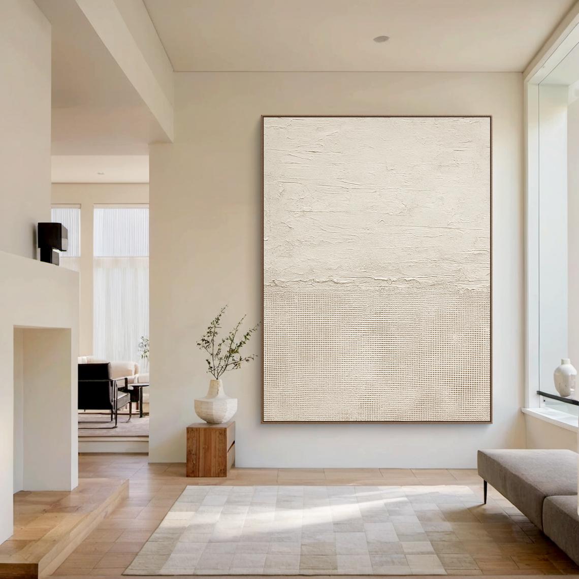Creamy Horizon – Hand-Painted Minimalist Beige Two-Tone Plaster Effect Wabi-Sabi Painting | Japandi Organic Wabi-Sabi Living Room & Hallway Art