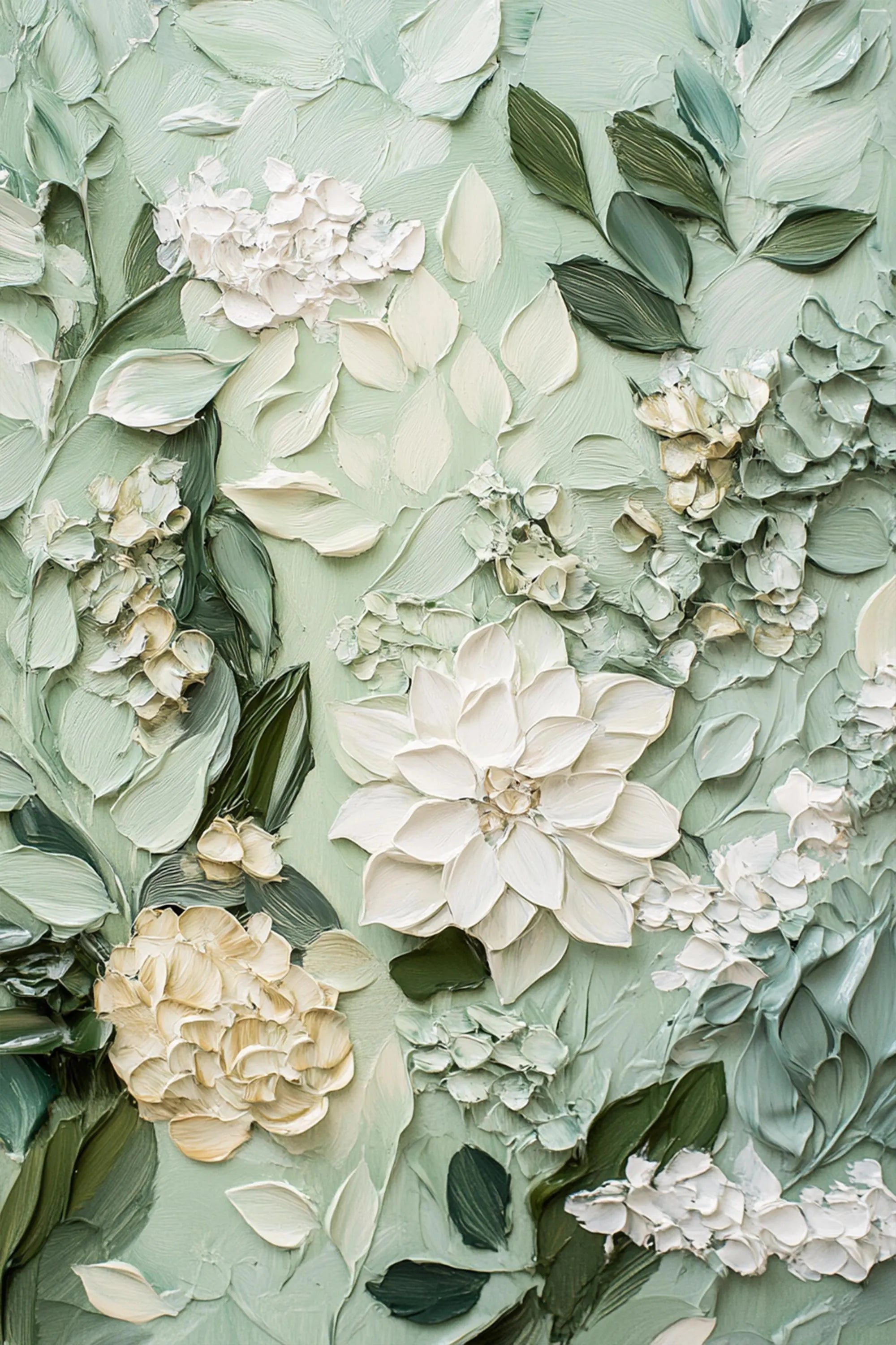SAGE BLOSSOM: Floral Wall Art, Hand-Painted Sage Green and Creamy White 3D Impasto Heavy Texture Studio Art