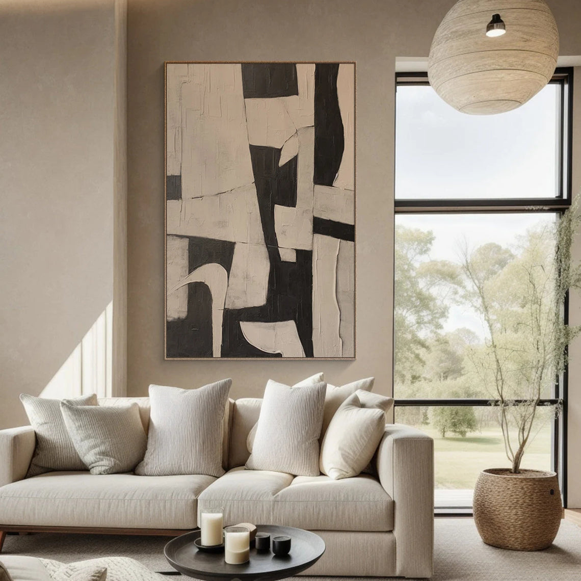 Oatmeal Structure – Hand-Painted Minimalist Oatmeal and Tan Wabi-Sabi Painting | Japandi Organic Wabi-Sabi Living Room & Hallway Art
