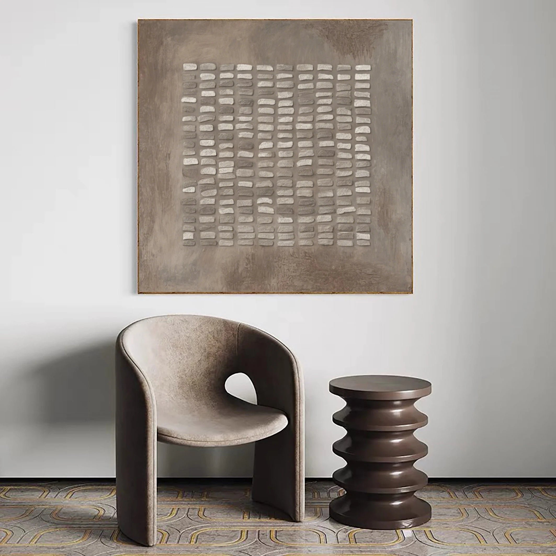 Zen Lattice – Plaster Grid Relief Abstract Wabi-Sabi Painting | Japandi Wabi-Sabi Living Room & Bedroom Art