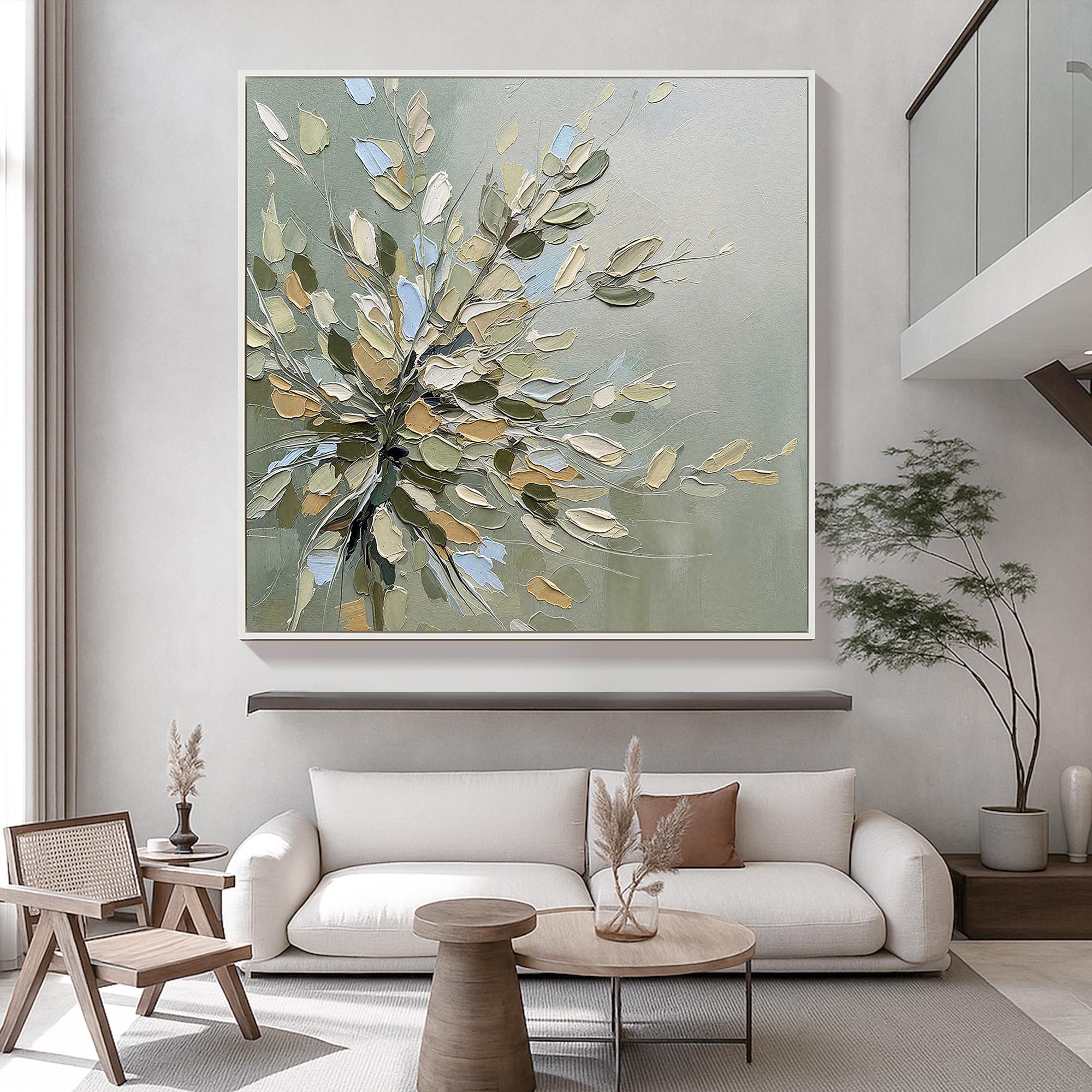 Sage Petals – Hand-Painted Sage Green 3D Impasto Blossom Floral Painting | Tropical Botanical Bedroom & Dining Room Art