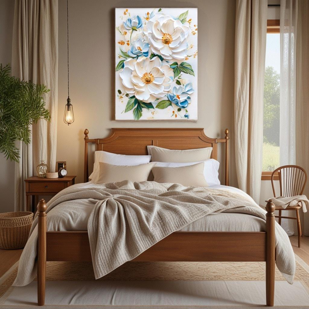 Pure Elegance – Hand-Painted Off-White and Soft Blue 3D Relief Plaster Effect Floral Painting | Soft Organic Botanical Bedroom & Living Room Art