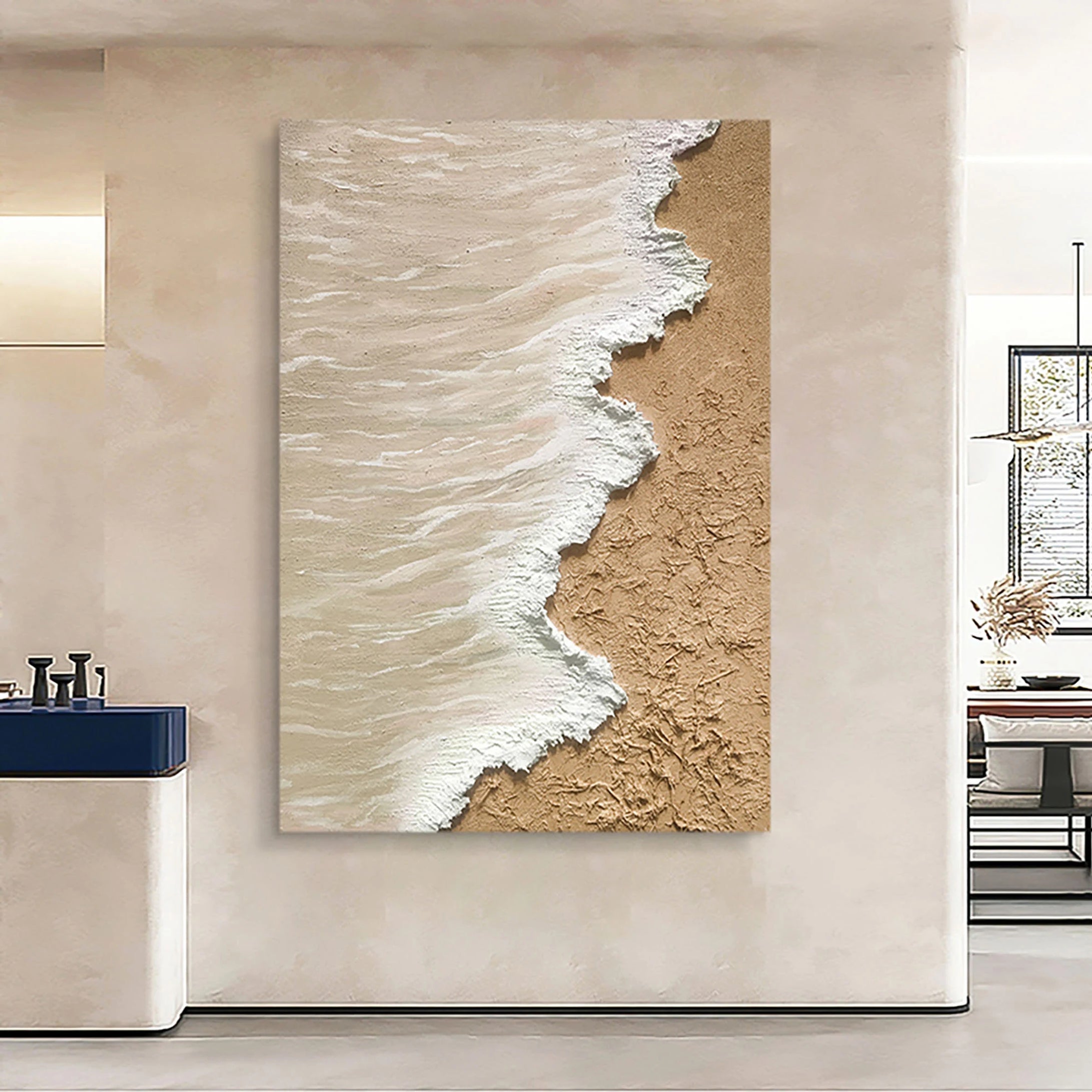 Sandy Shore – Hand-Painted Creamy White Sea Foam 3D Plaster Effect Nature Painting | Japandi Organic Texture Living Room & Bedroom Art