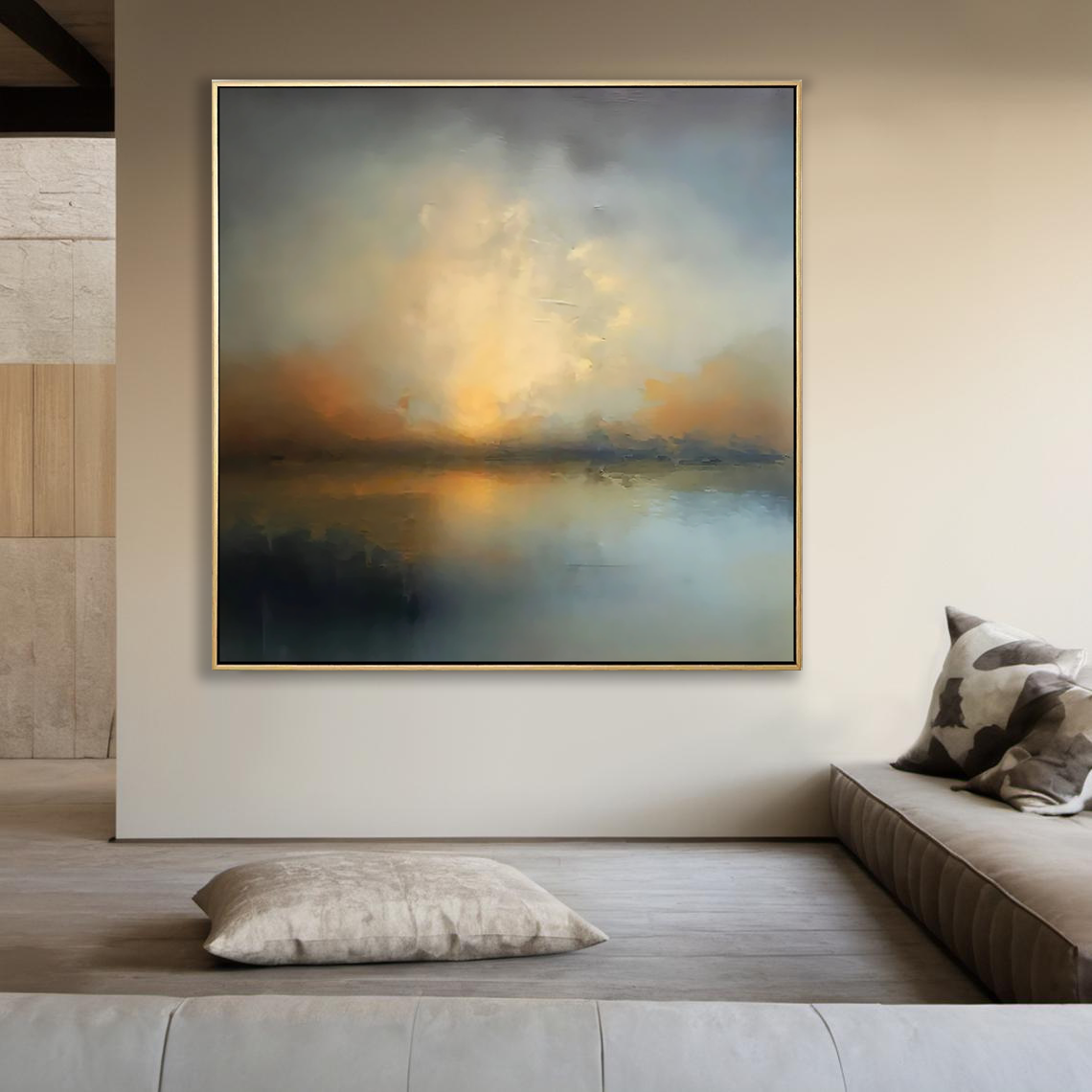 Glowing Horizon – Hand-Painted Atmospheric Sunset Lake Abstract Landscape Painting | Contemporary Landscape Living Room & Dining Room Art