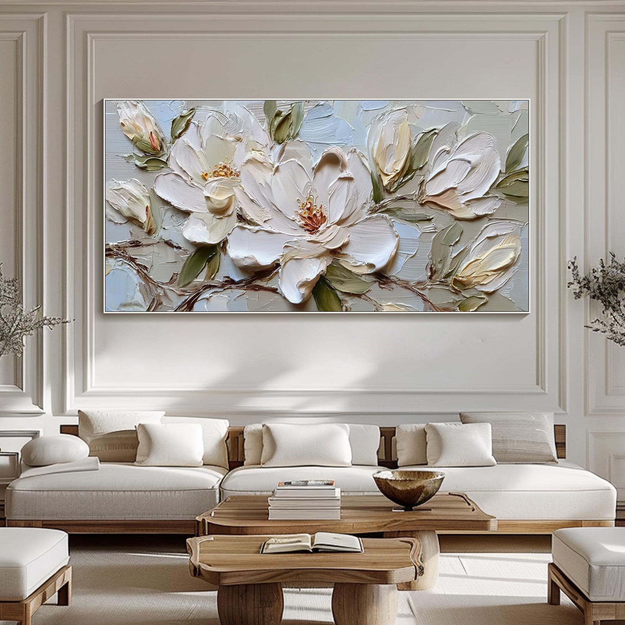 SERENE MAGNOLIA: Panoramic 3D Heavy Texture Floral Wall Art, Modern White Petal Relief Impasto