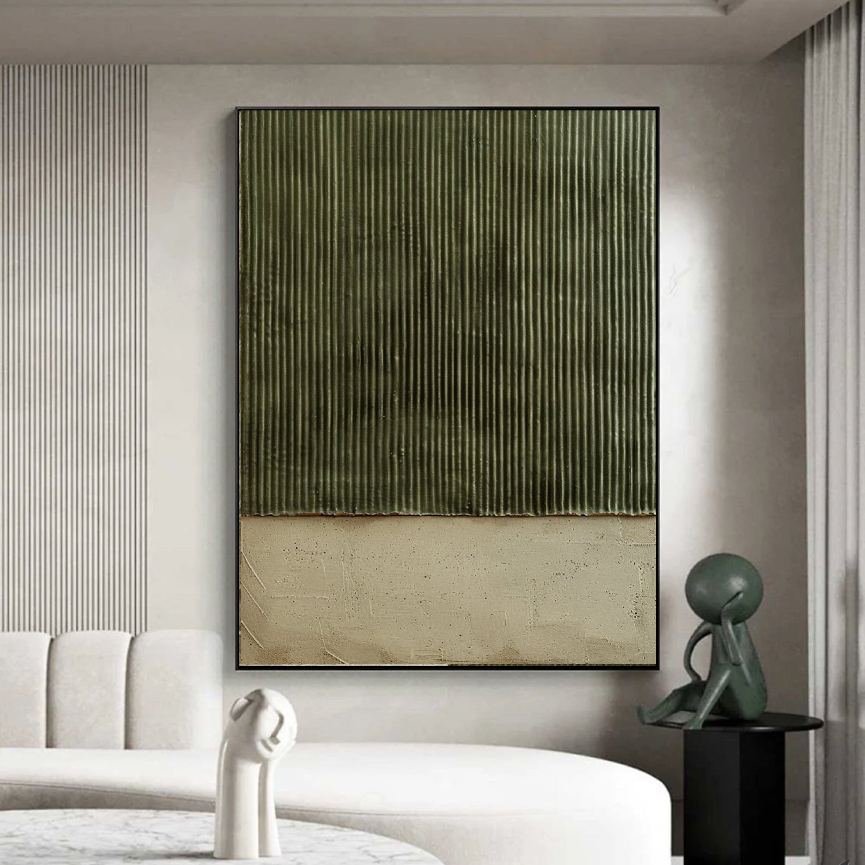 Vertical Zen – Hand-Painted Olive Green Fluted Texture Plaster Effect Abstract Wabi-Sabi Painting | Japandi Wabi-Sabi Living Room & Bedroom Art