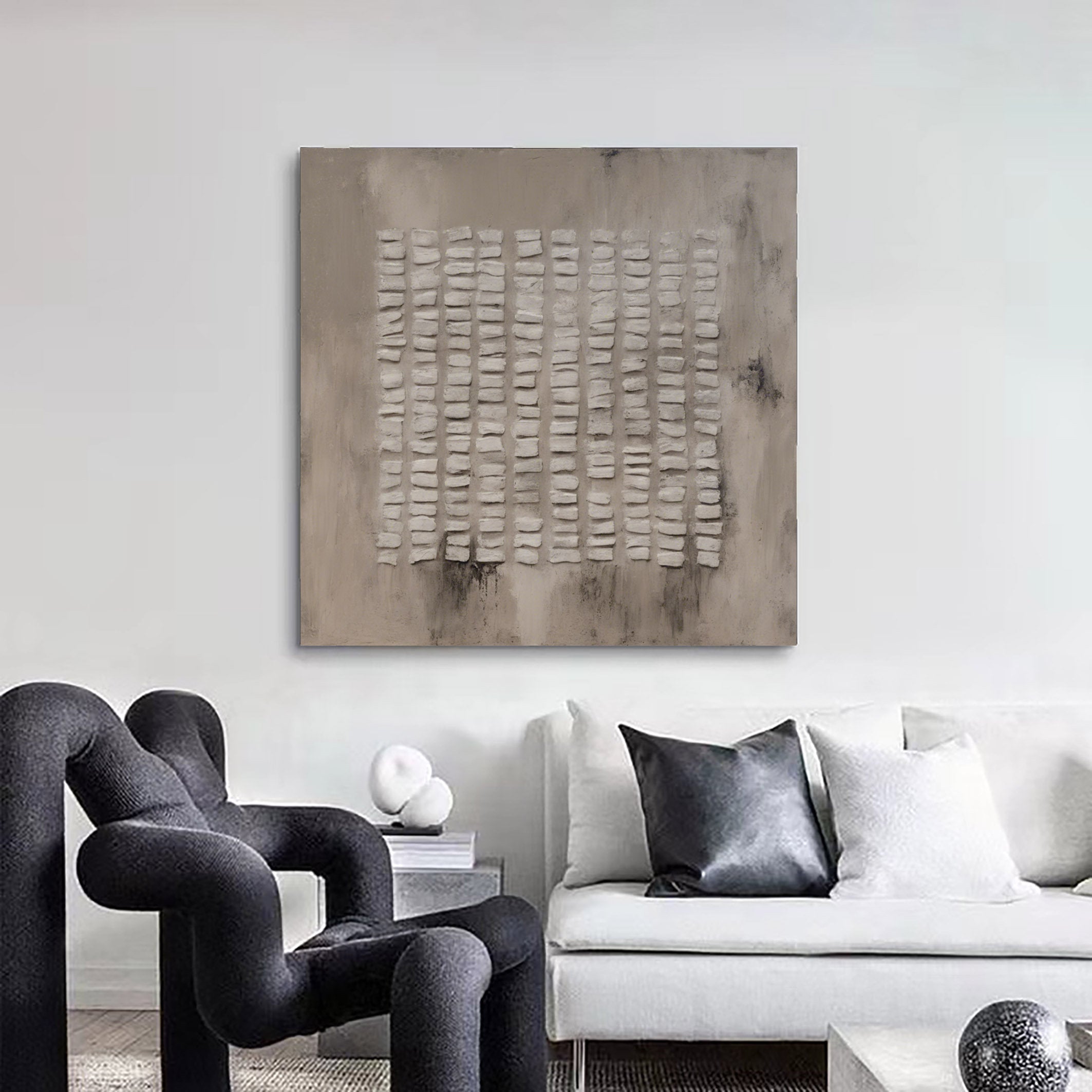ZEN RHYTHM: Wabi-Sabi Wall Art, Hand-Painted Neutral Beige Repetitive Plaster Block Textured Studio Art