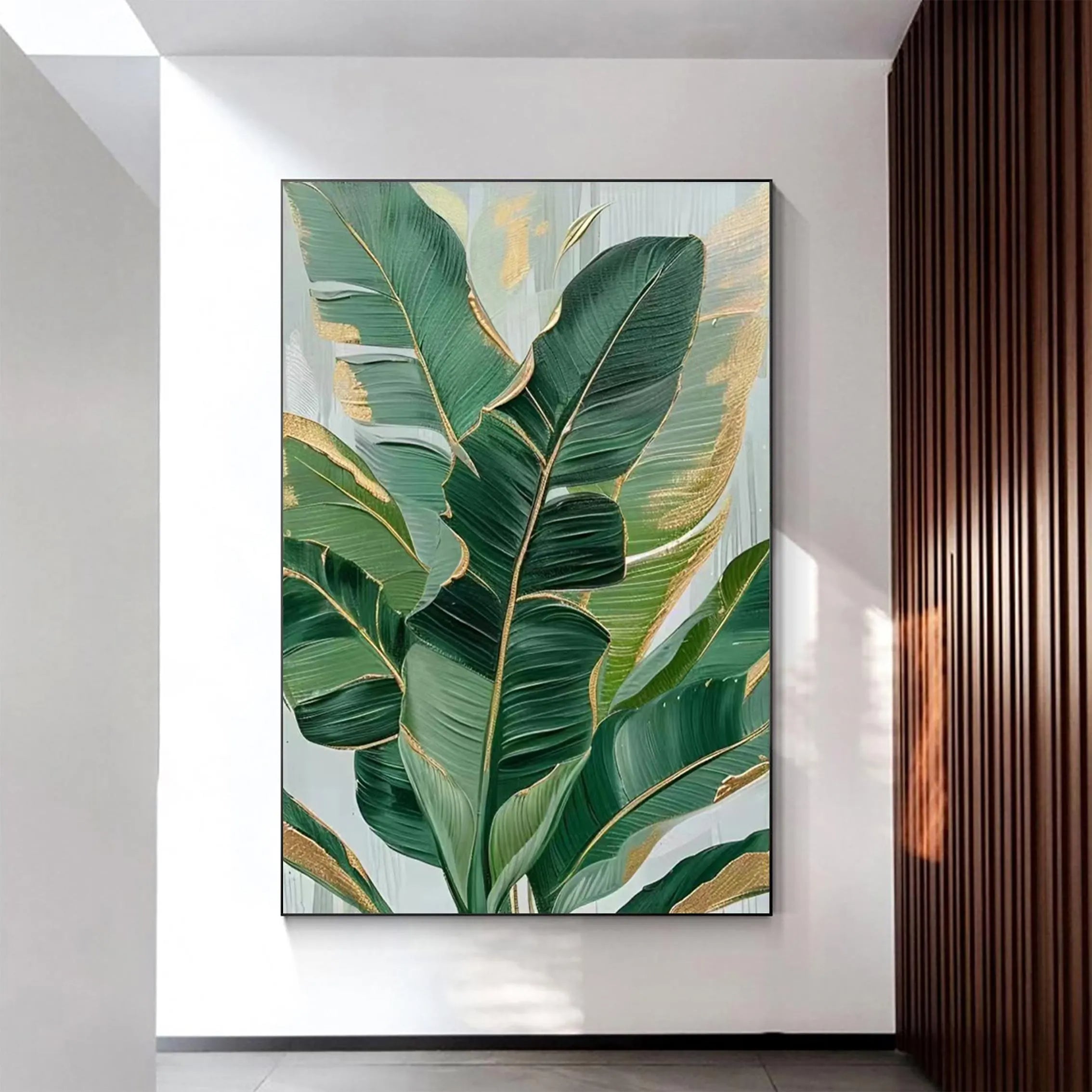 Emerald Whispers – Center Focus Botanical Relief with Gold Edges Texture Painting | Modern Luxury Botanical Living Room Wall Decor