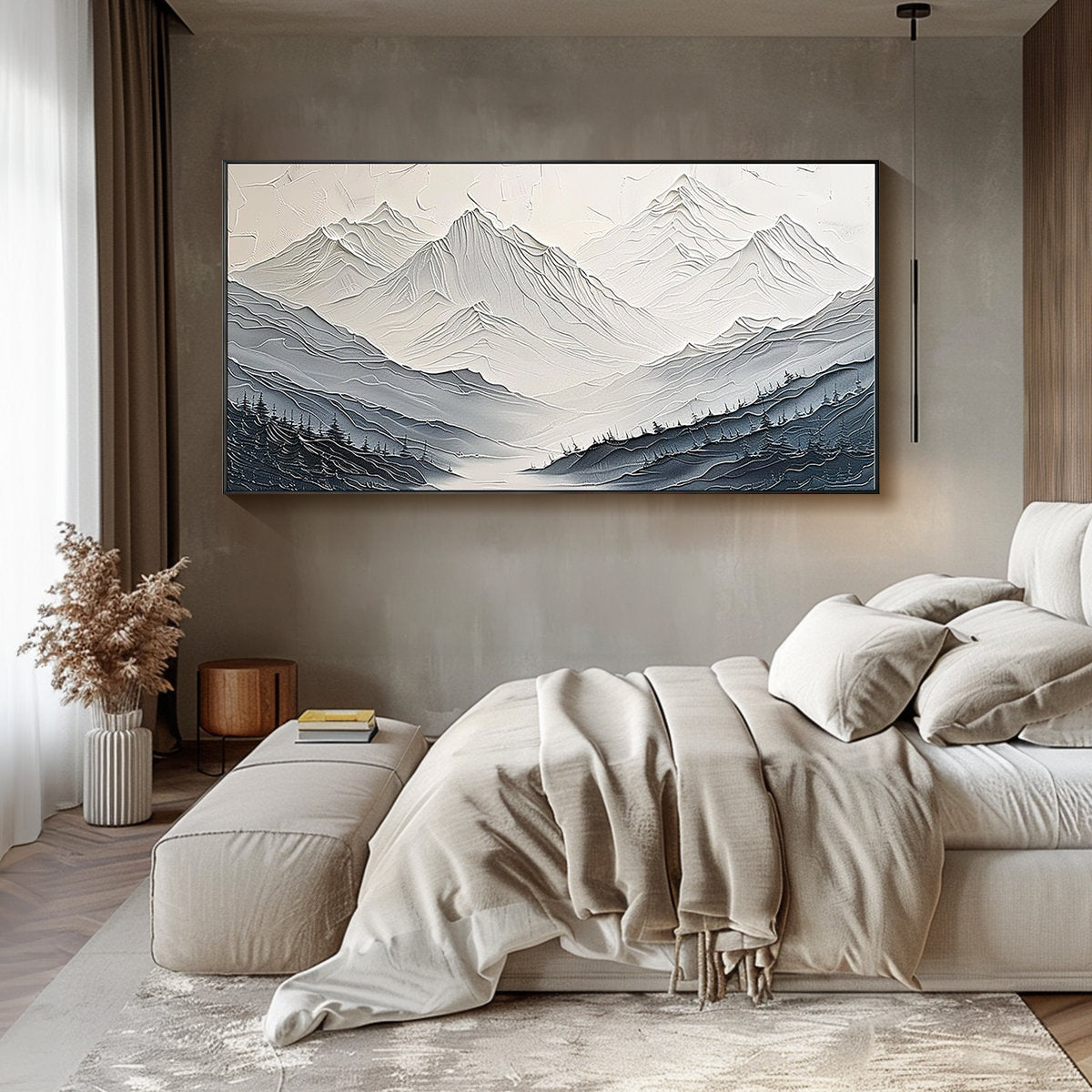 MISTY RANGE: Mountain Wall Art, Hand-Painted Grey Ridge Forest Landscape Impasto Textured Oil Painting