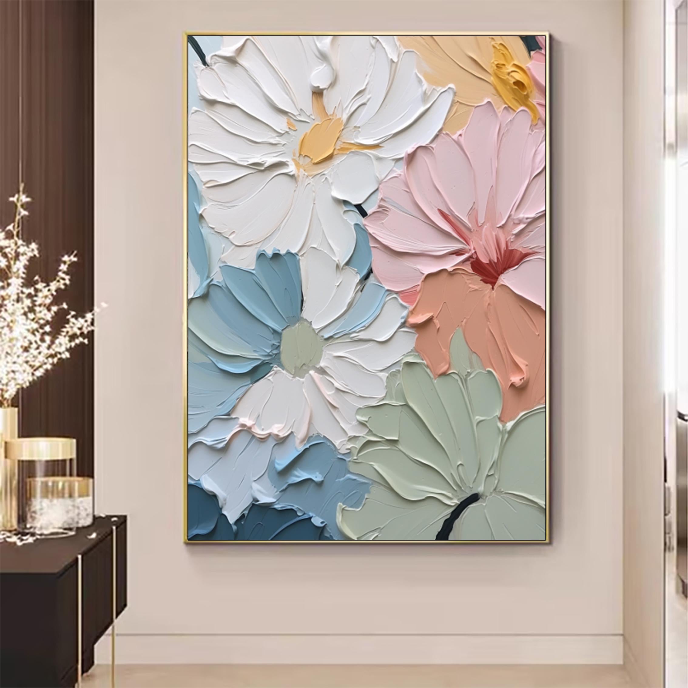 Pastel Blooms – Hand-Painted 3D Impasto Multicolored Flower Thick Floral Painting | Vibrant Botanical Living Room & Dining Room Art