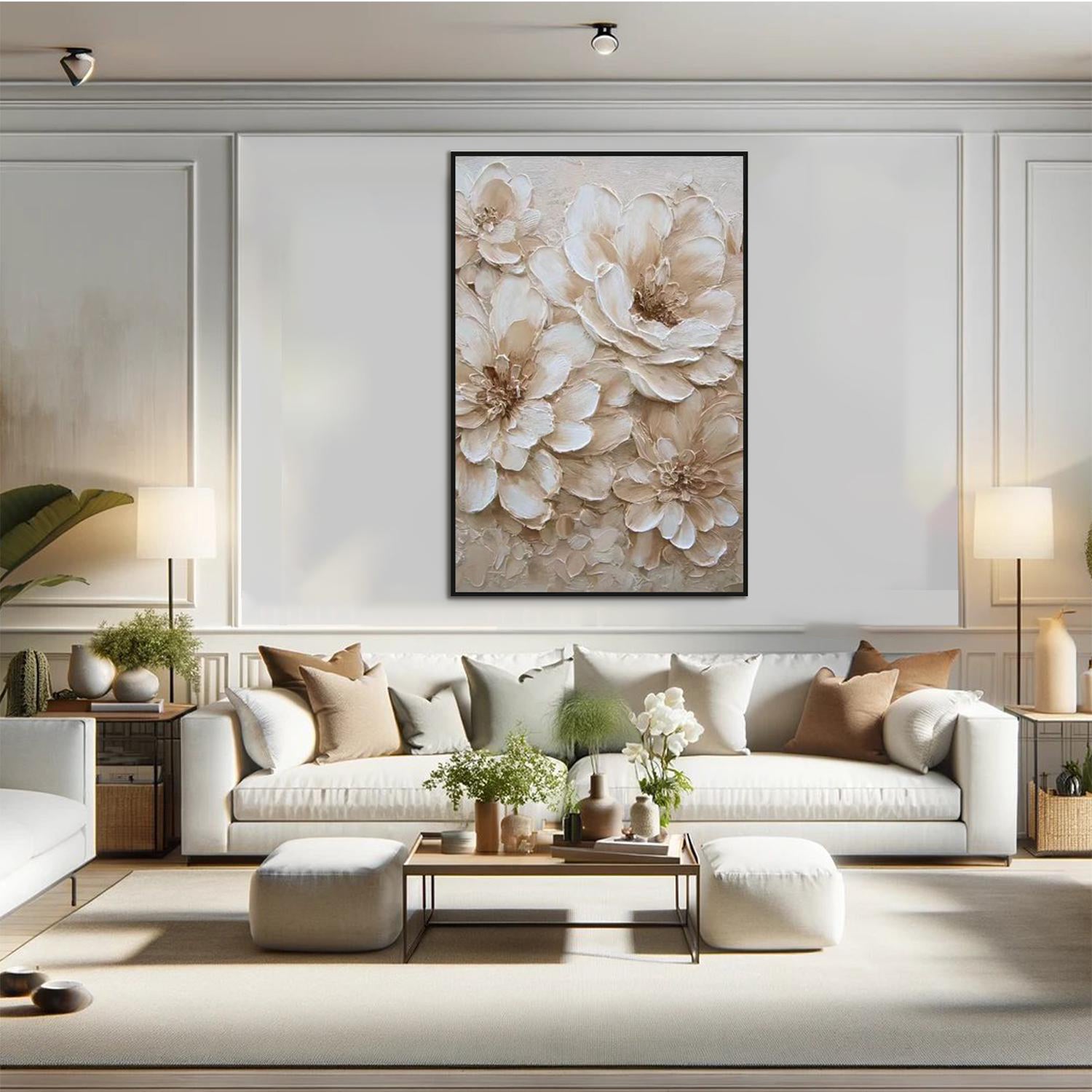 IVORY PETALS: Flower-Tree Art, Hand-Painted Creamy White Floral Plaster Relief 3D Heavy Texture Gallery Art