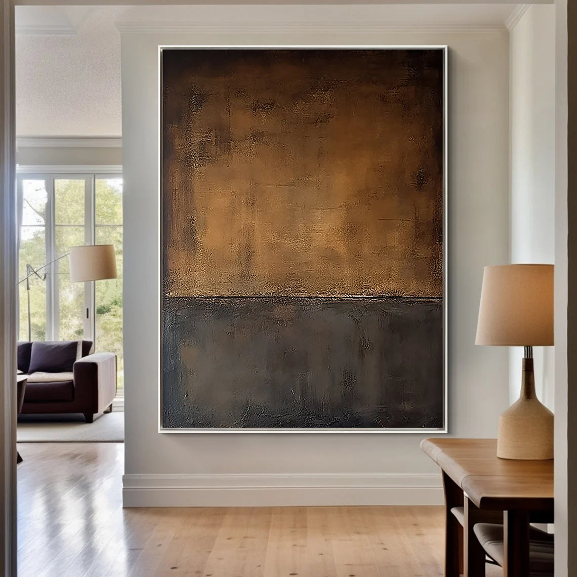 Earthen Dusk – Hand-Painted Coffee Brown and Charcoal Black Minimalist Plaster Relief Wabi-Sabi Painting | Modern Noir Wabi-Sabi Living Room & Home Office Art