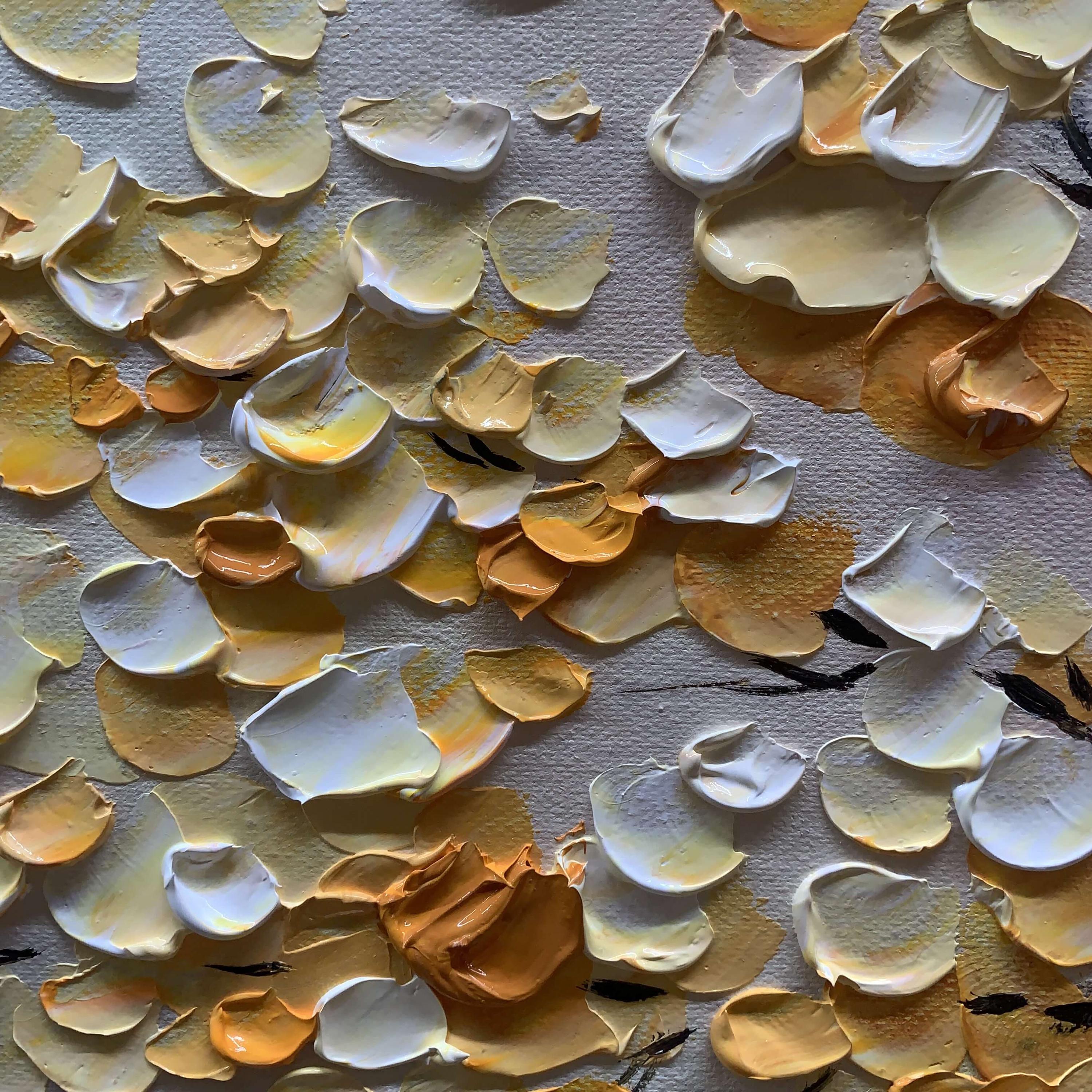 Golden Dawn – Yellow Blossom Relief on Grey Horizon Texture Painting | Modern Luxury Botanical Bedroom & Living Room Art