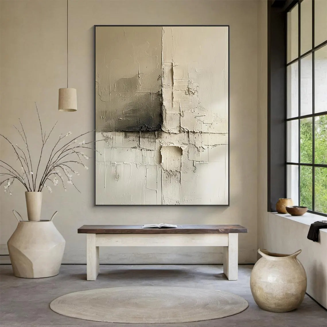 Ancient Trace – Hand-Painted Neutral Beige and Grey Plaster Effect Relief Texture Painting | Japandi Organic Texture Living Room & Bedroom Art