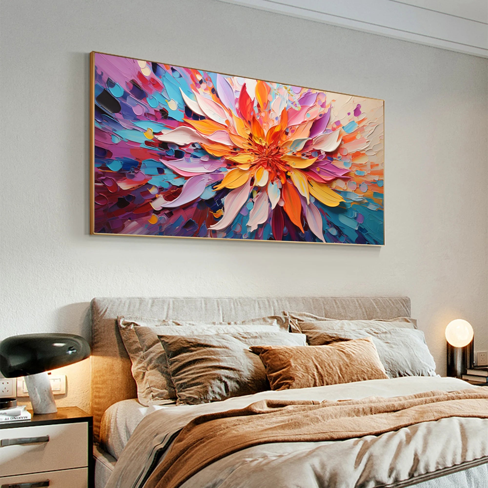 Radiant Petals – Hand-Painted Radial Palette Knife Petals Thick Floral Painting | Contemporary Botanical Bedroom & Living Room Art