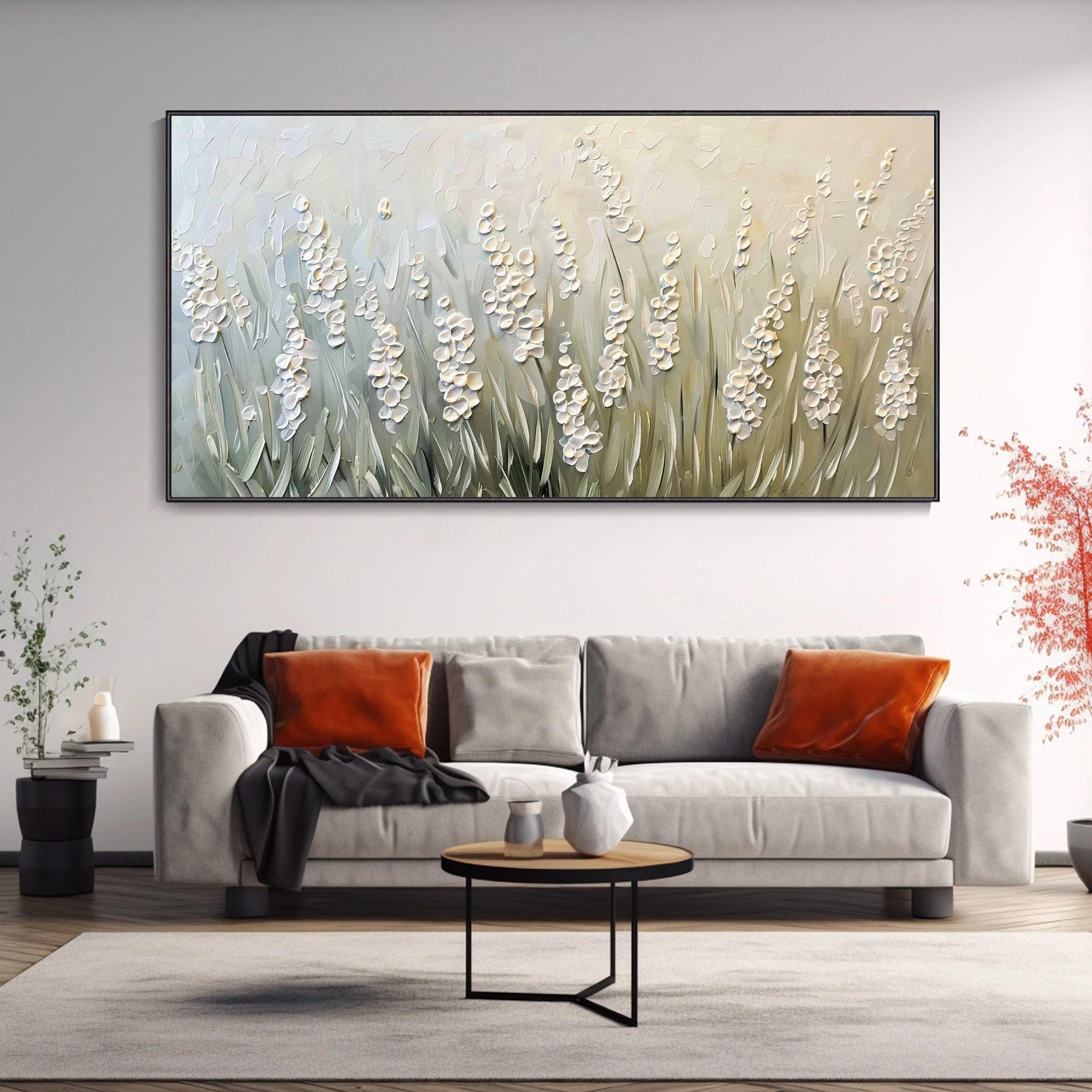 Wild Lavender – Hand-Painted Sage Green 3D Impasto Heavy Texture Plaster Floral Painting | Tropical Botanical Bedroom & Dining Room Art