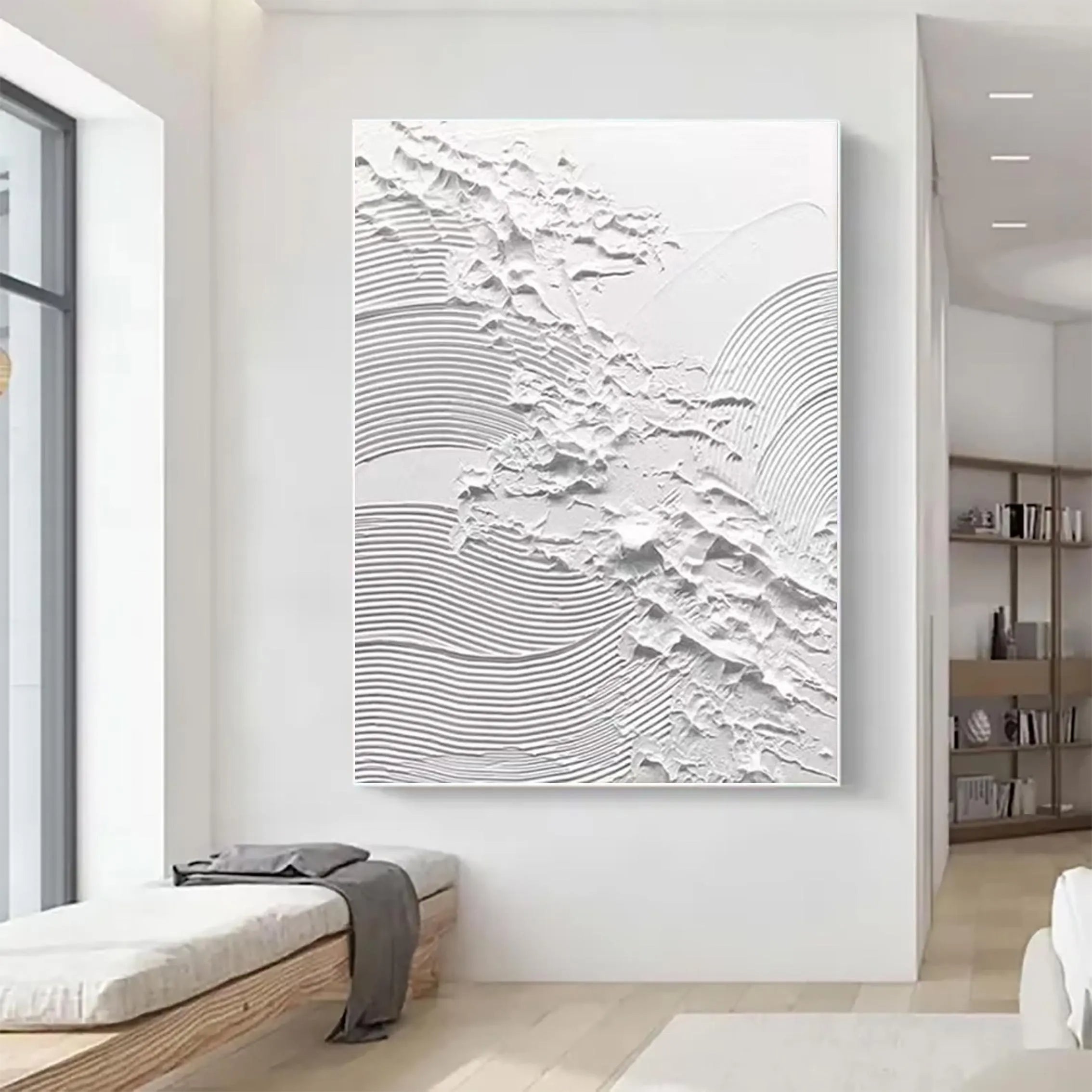 Pure Dimension – Minimalist Pure White Linear Abstract Plaster Relief Painting | Minimalist Sculpted Plaster Gallery Art