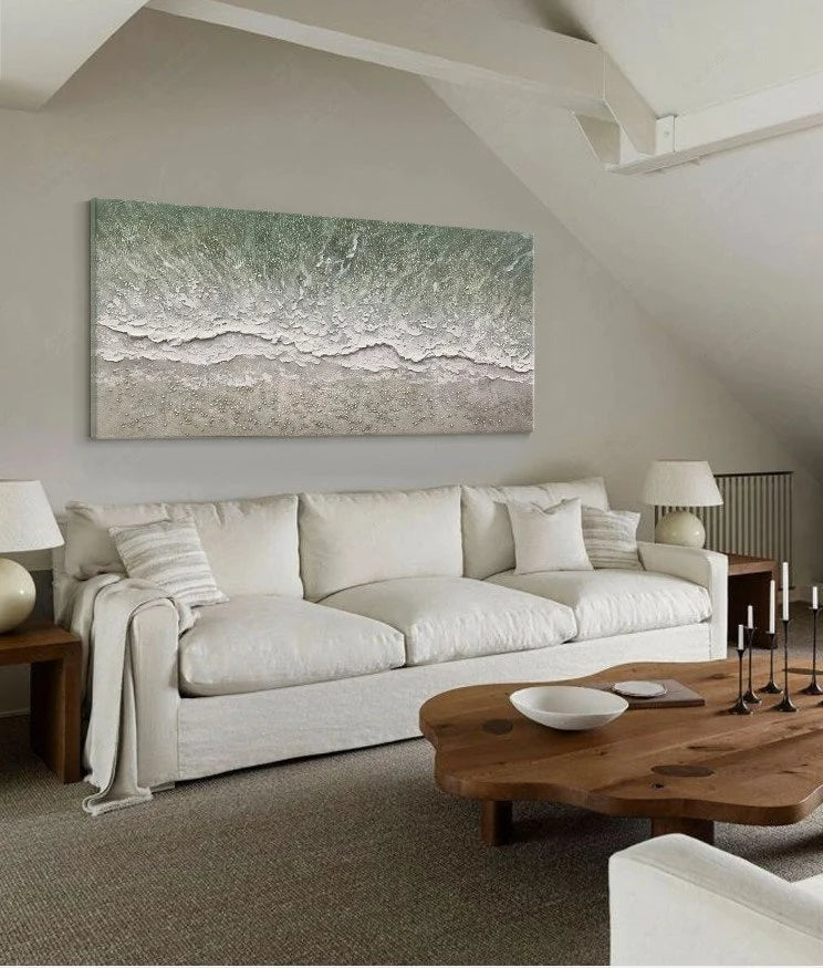 Tidal Whispers – Modern Coastal Sage Green Ocean Wave Painting | Horizontal Textured Living Room Art