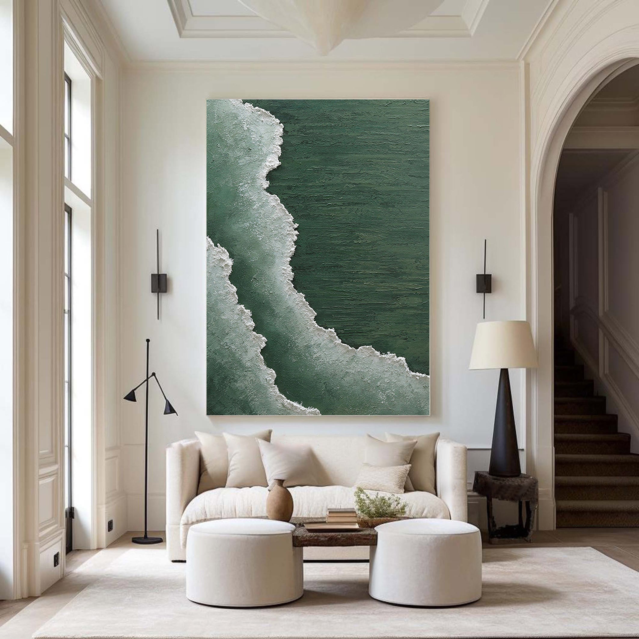 Emerald Tide – Deep Green Forest Sea Foam Relief Landscape Painting | Contemporary Landscape Living Room & Dining Room Art