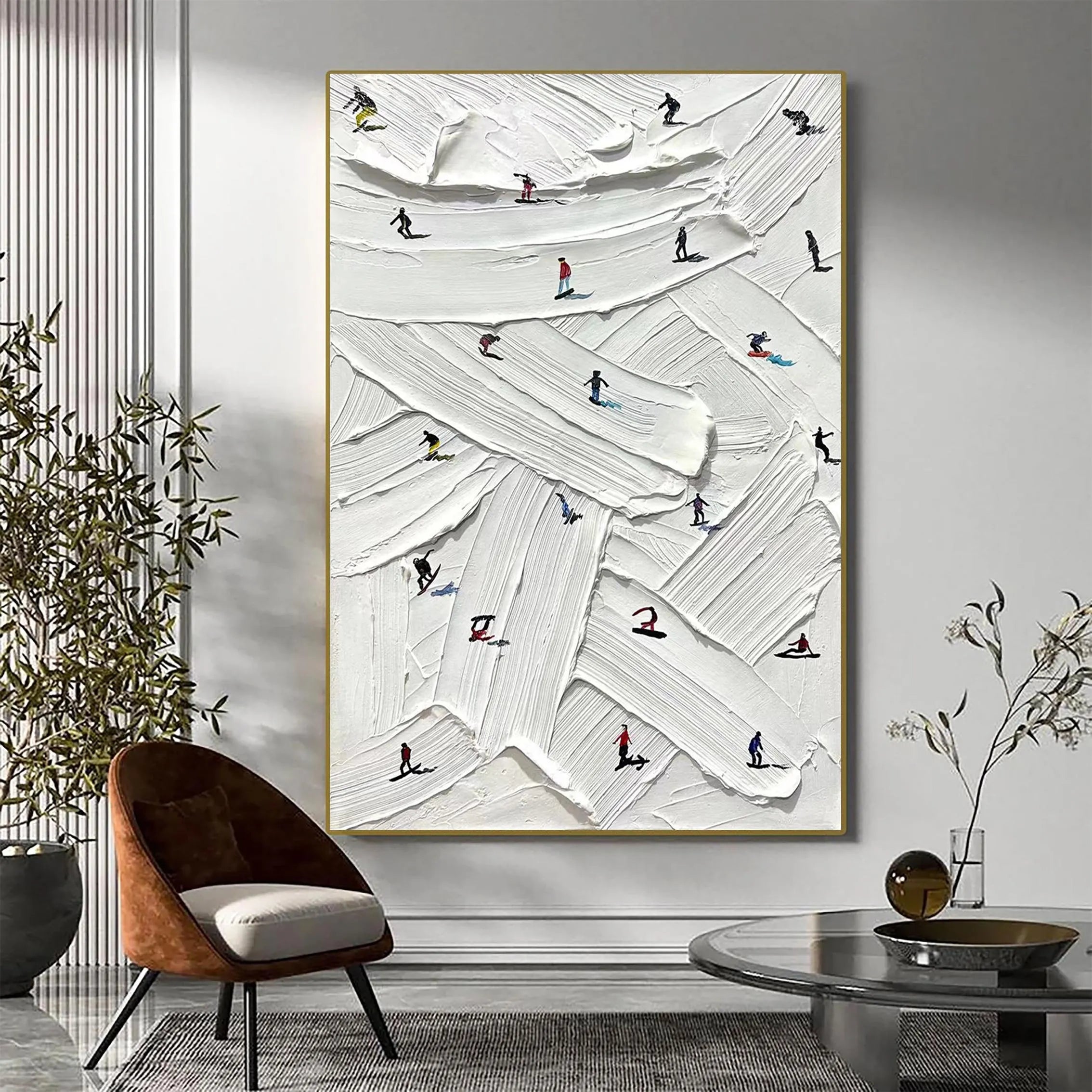 Winter Crossing – Hand-Painted Minimalist Skiing Athletes 3D Plaster Effect Sport Painting | Contemporary Sport Home Office & Living Room Art