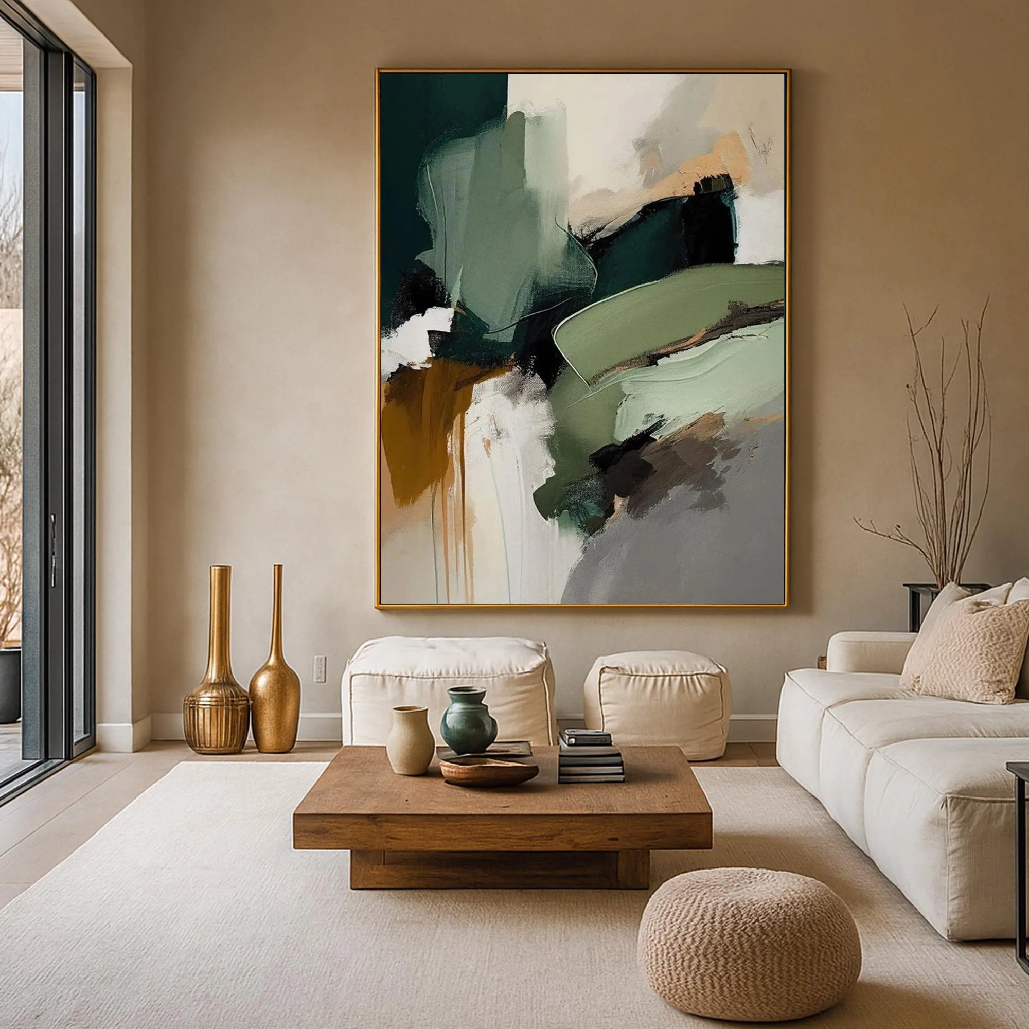 Earthen Rhythm – Hand-Painted Moss Green and Ochre Large Brushstroke Modern Texture Painting | Japandi Wabi-Sabi Living Room & Bedroom Art