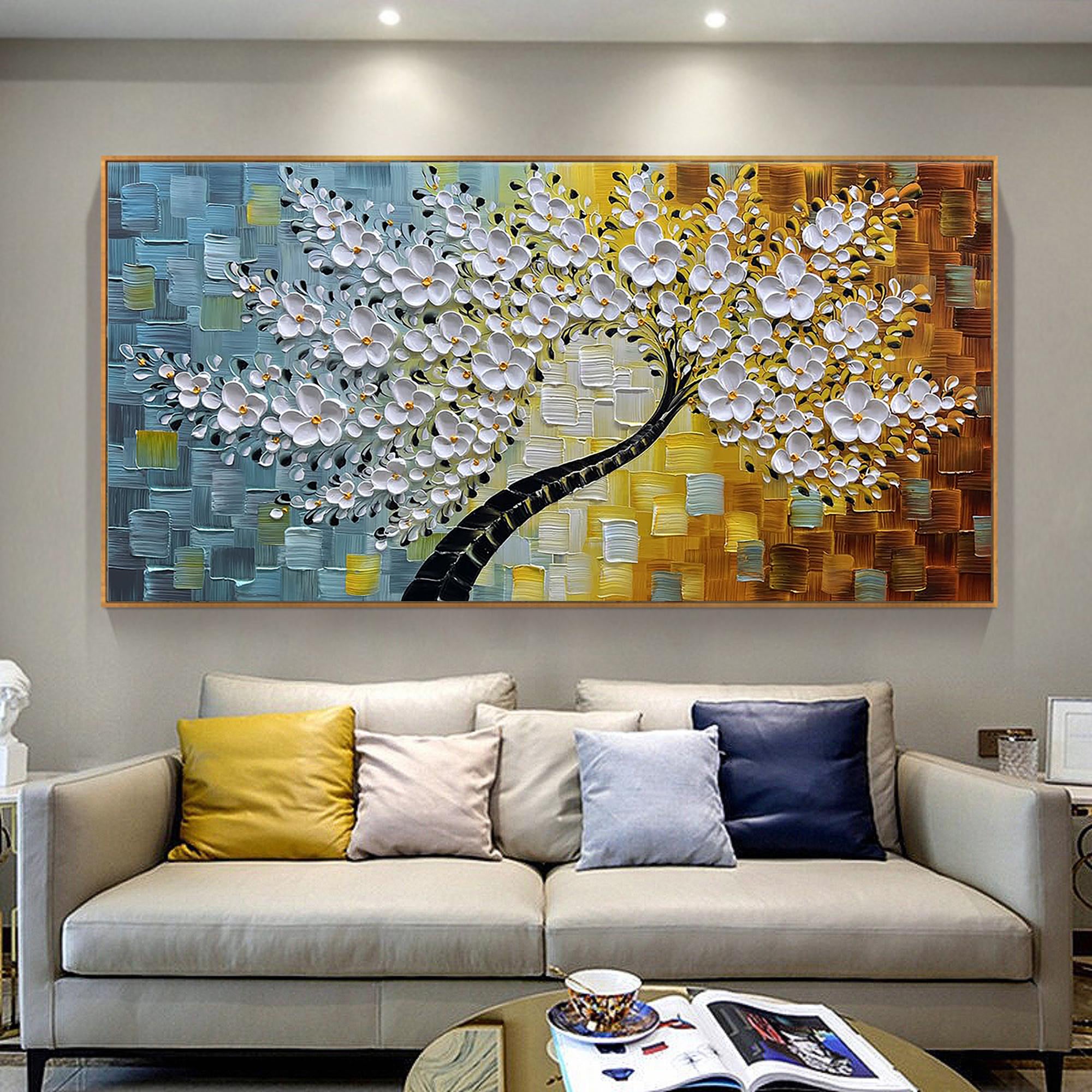Golden Bloom – White and Amber Relief Tree Floral Painting | Modern Luxury Botanical Bedroom & Living Room Art
