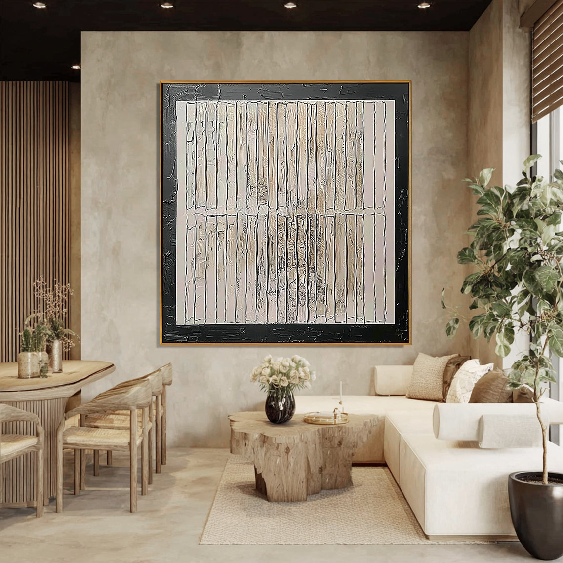 Structural Grid – Hand-Painted Black Framed Plaster Relief Wabi-Sabi Painting | Japandi Wabi-Sabi Living Room & Bedroom Art