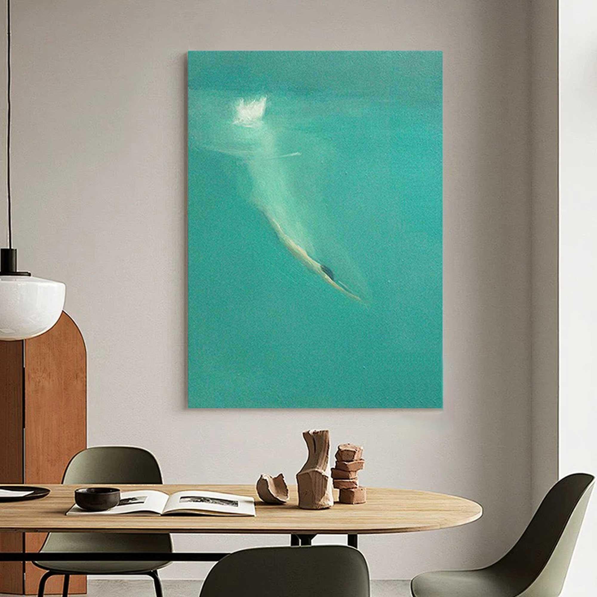Summer Dive – Modern Minimalist Turquoise Ocean Diver Painting | Large Framed Canvas Hallway Art